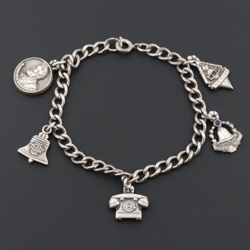 Sterling Silver Charm Bracelet Including Enamel and Synthetic Sapphire