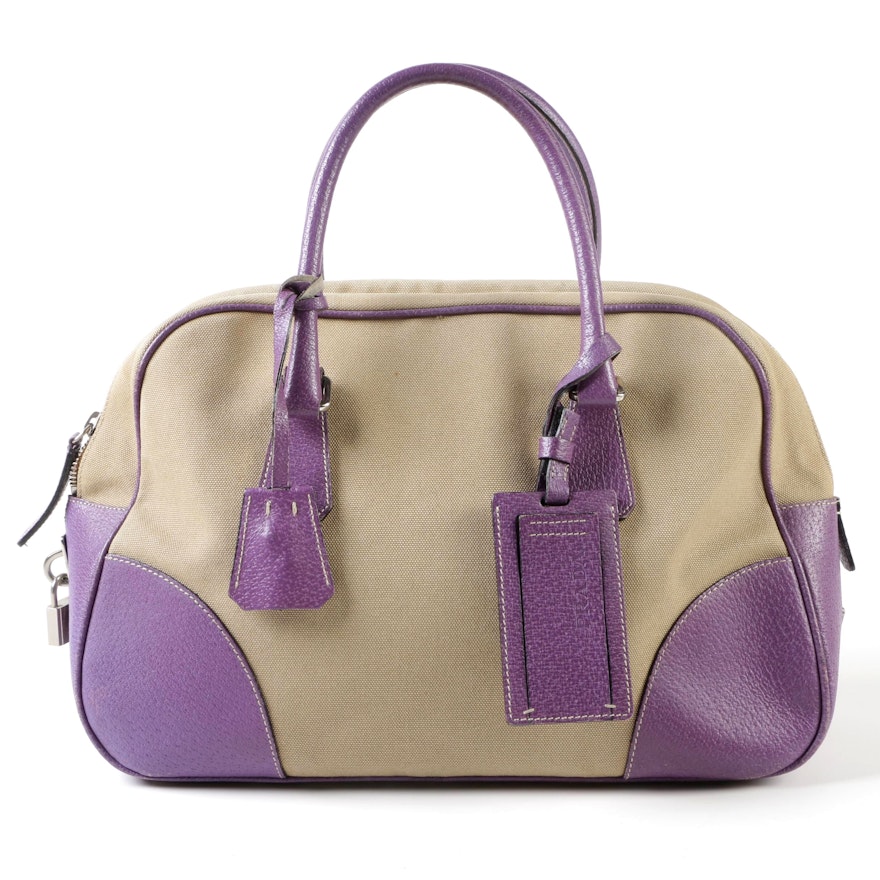 Prada Tan Canvas and Lavender Leather Duffel Handbag