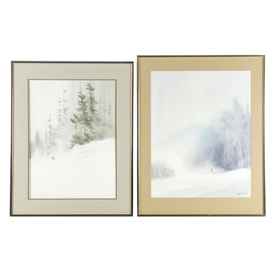 Bill Alexander Watercolor "Timber Powder" and Offset Lithograph