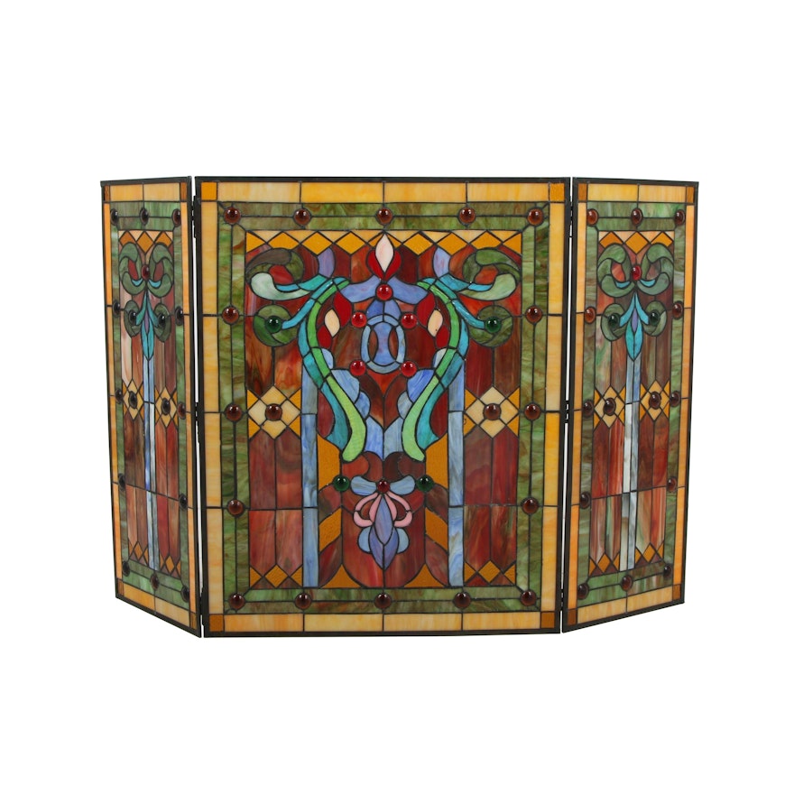 Handcrafted Slag and Stained Glass Fireplace Screen