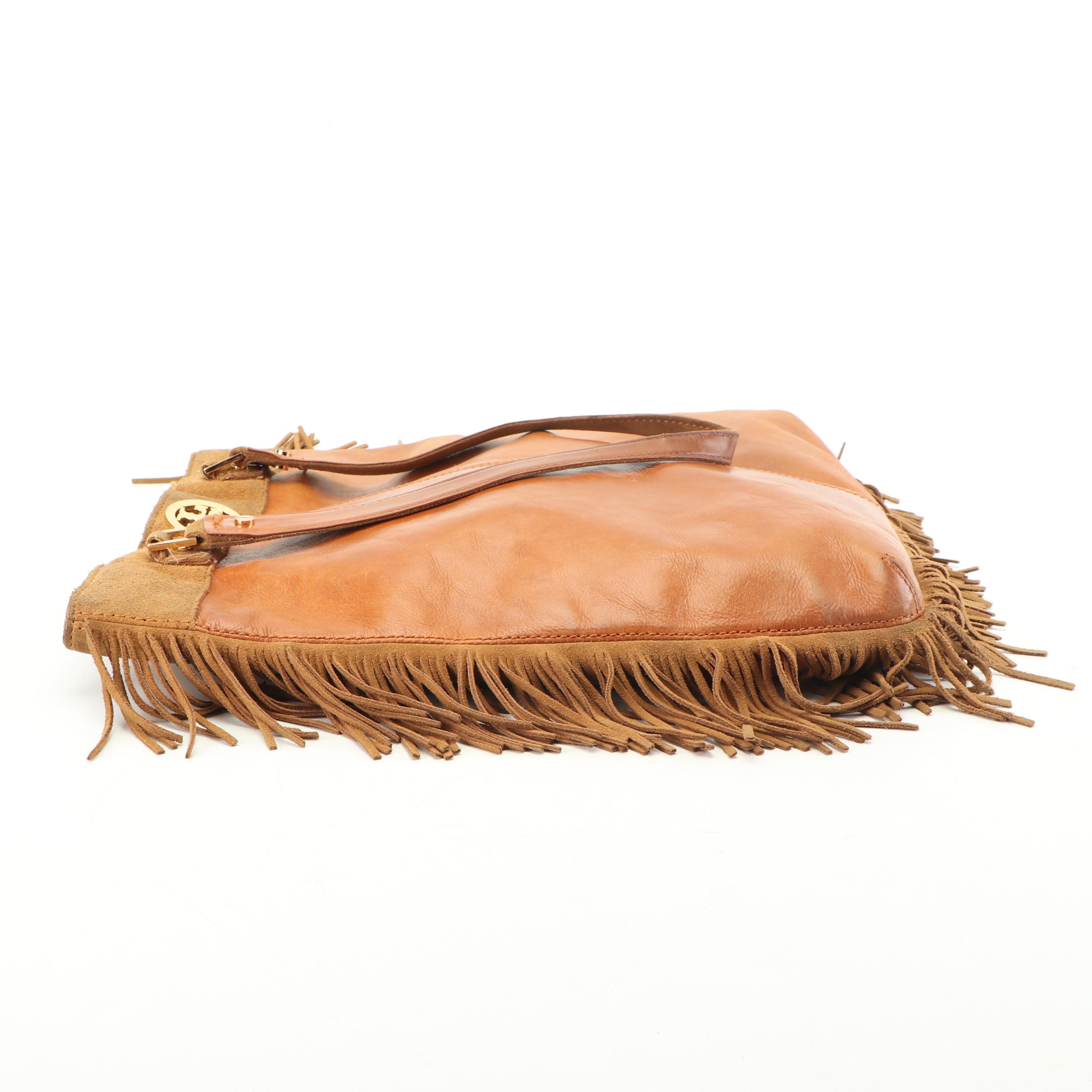 Tory Burch Tan Leather and Suede Fringed Shoulder Bag