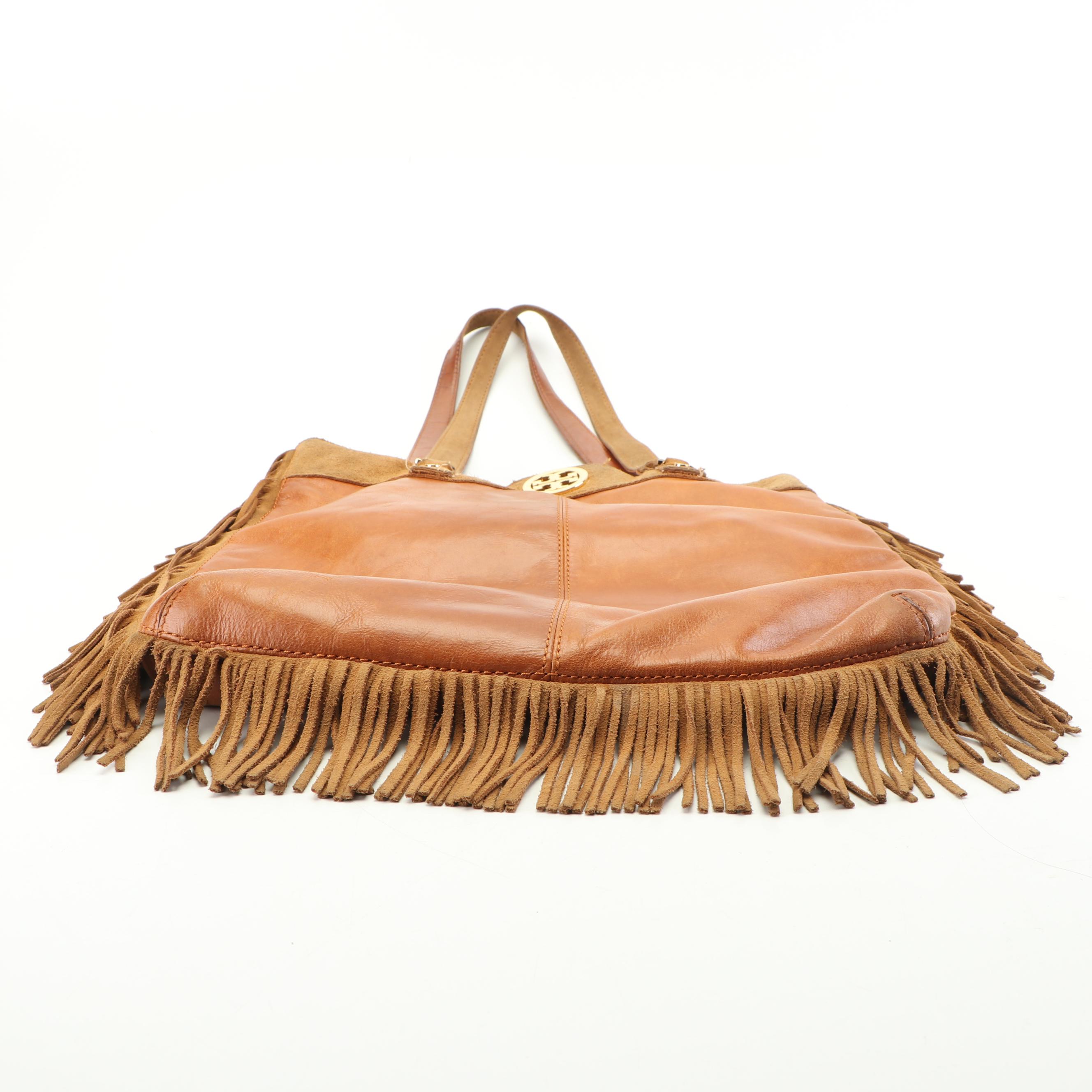 Tory Burch Tan Leather and Suede Fringed Shoulder Bag