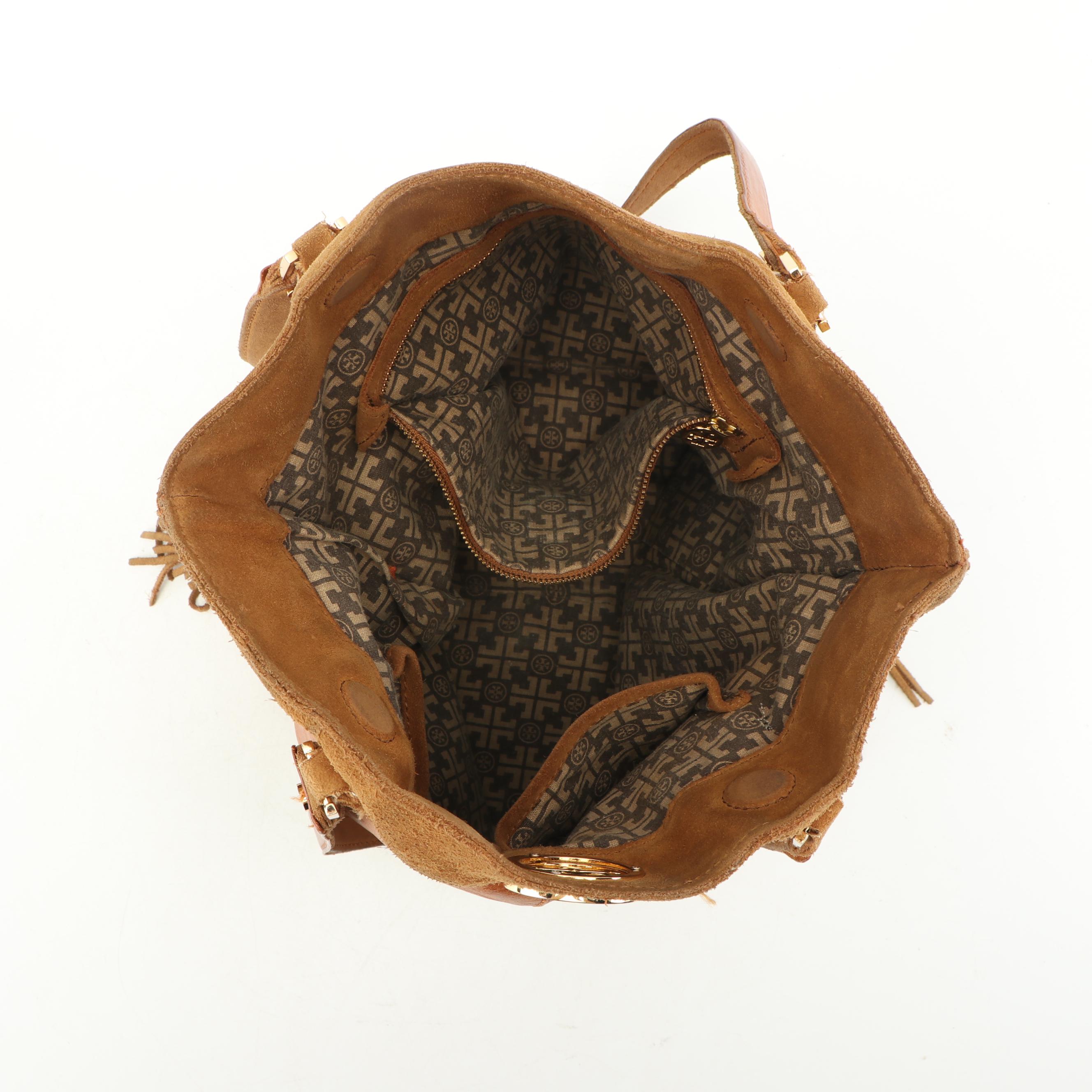 Tory Burch Tan Leather and Suede Fringed Shoulder Bag