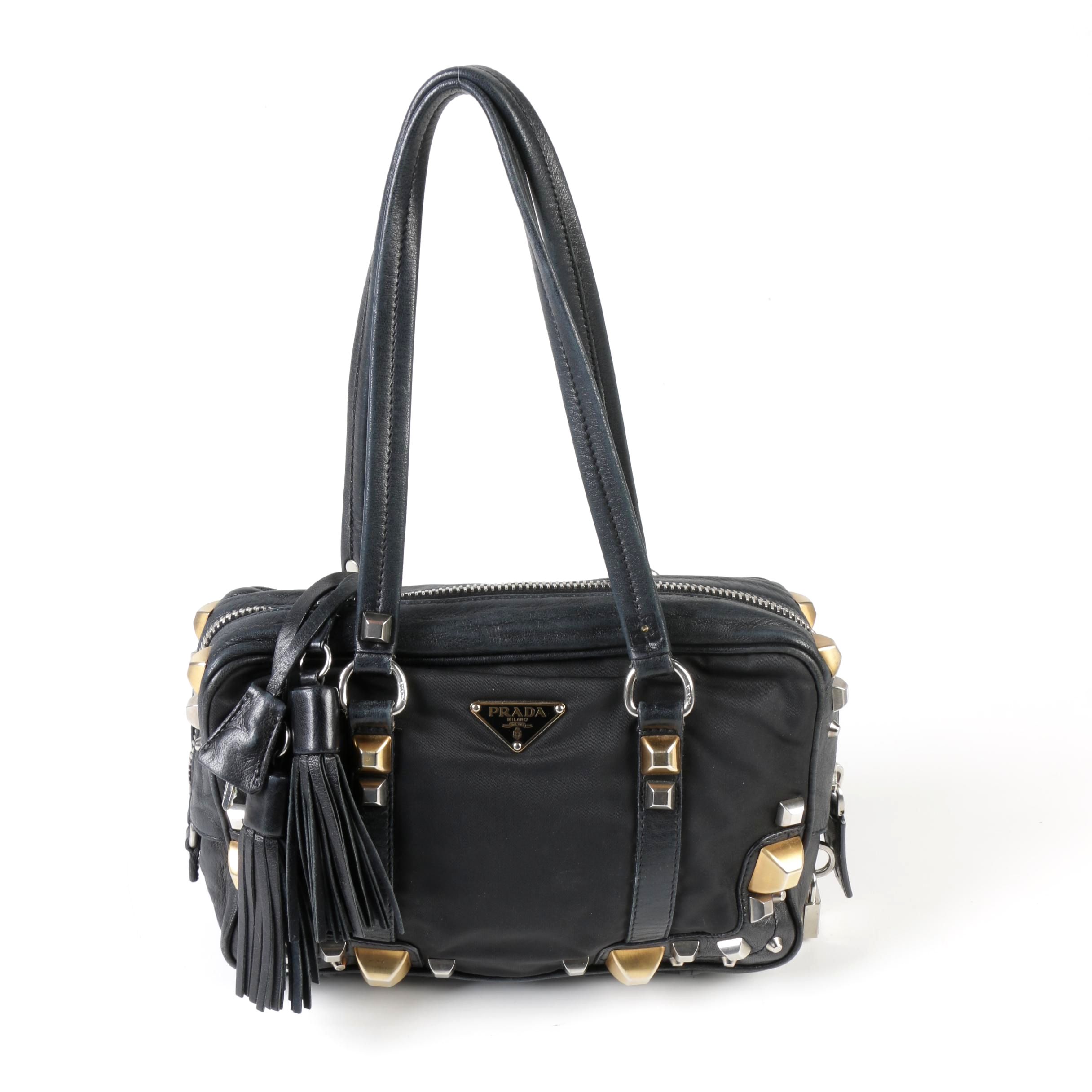 Prada Black Nylon and Leather Pyramid Studded Shoulder Bag with Tassels