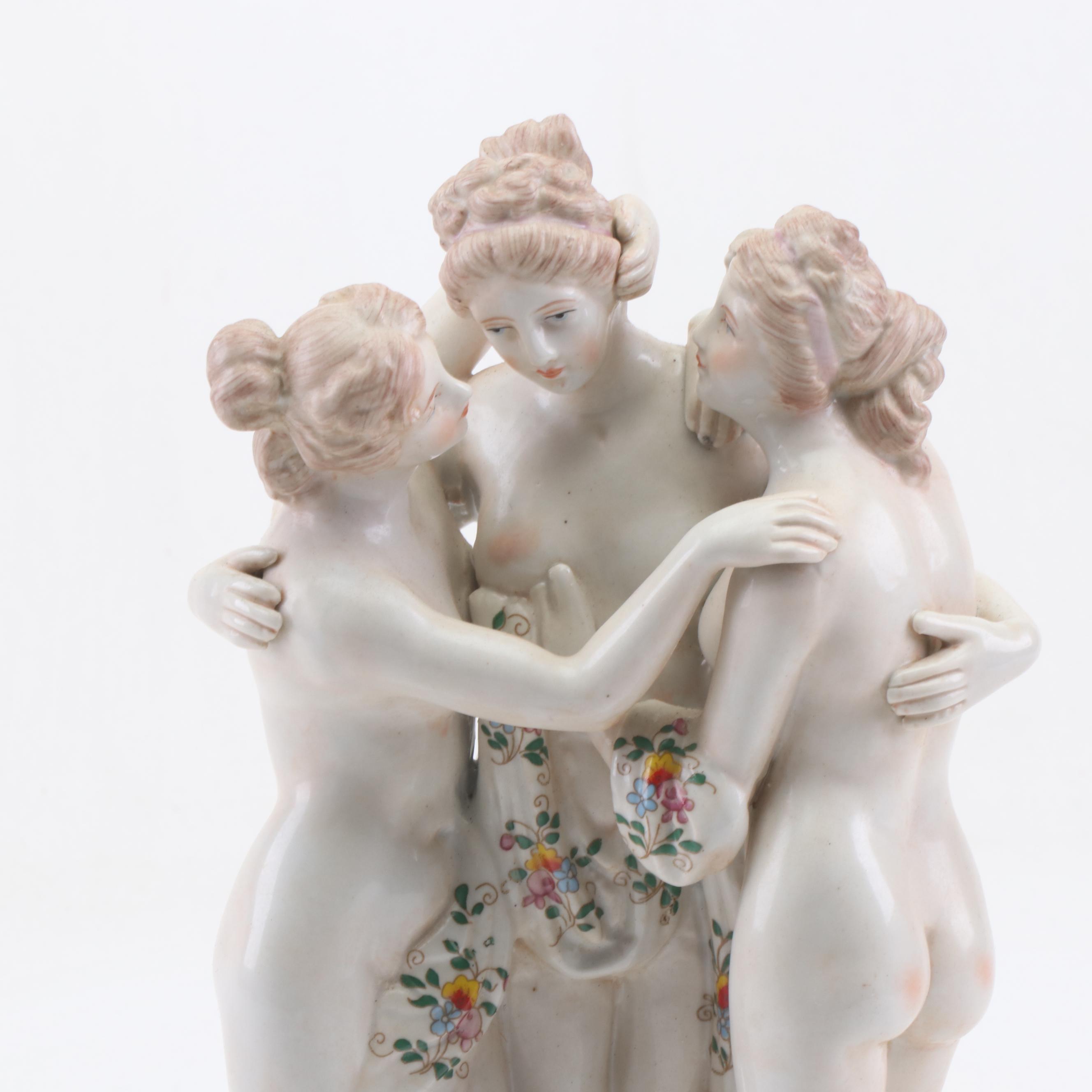 Hand-Painted Dresden Porcelain Figurine of Nude Women, Early to Mid 20th Century