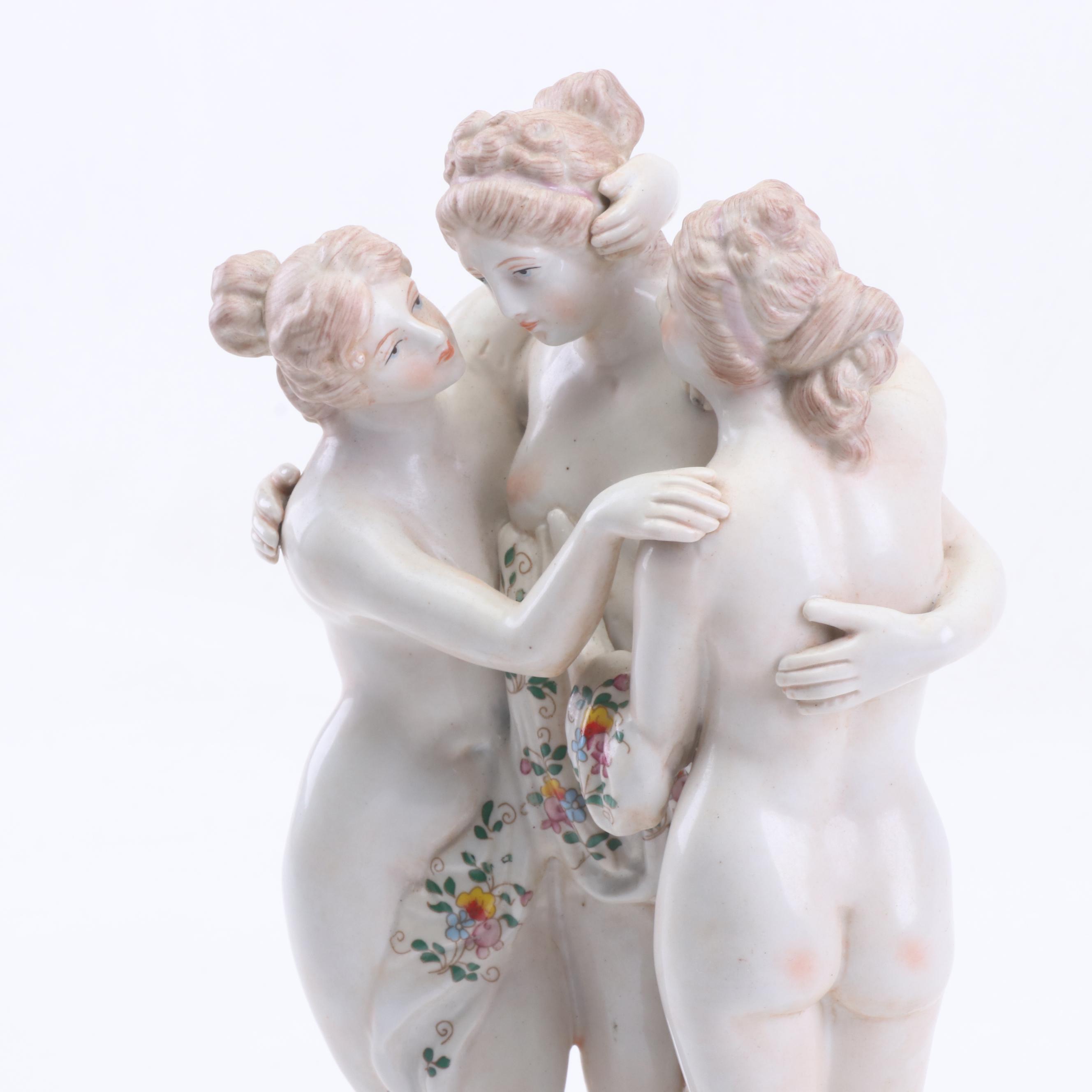 Hand-Painted Dresden Porcelain Figurine of Nude Women, Early to Mid 20th Century