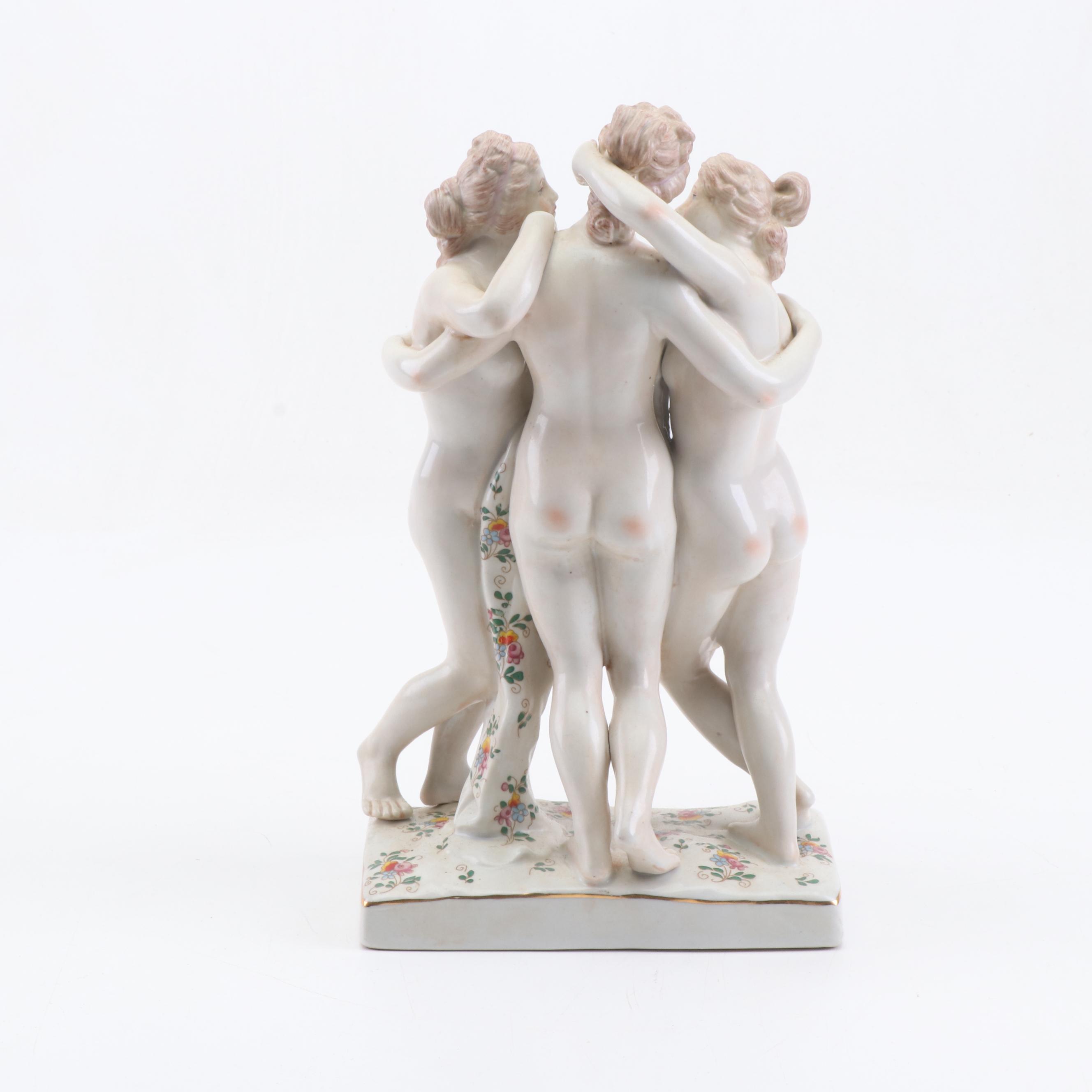 Hand-Painted Dresden Porcelain Figurine of Nude Women, Early to Mid 20th Century