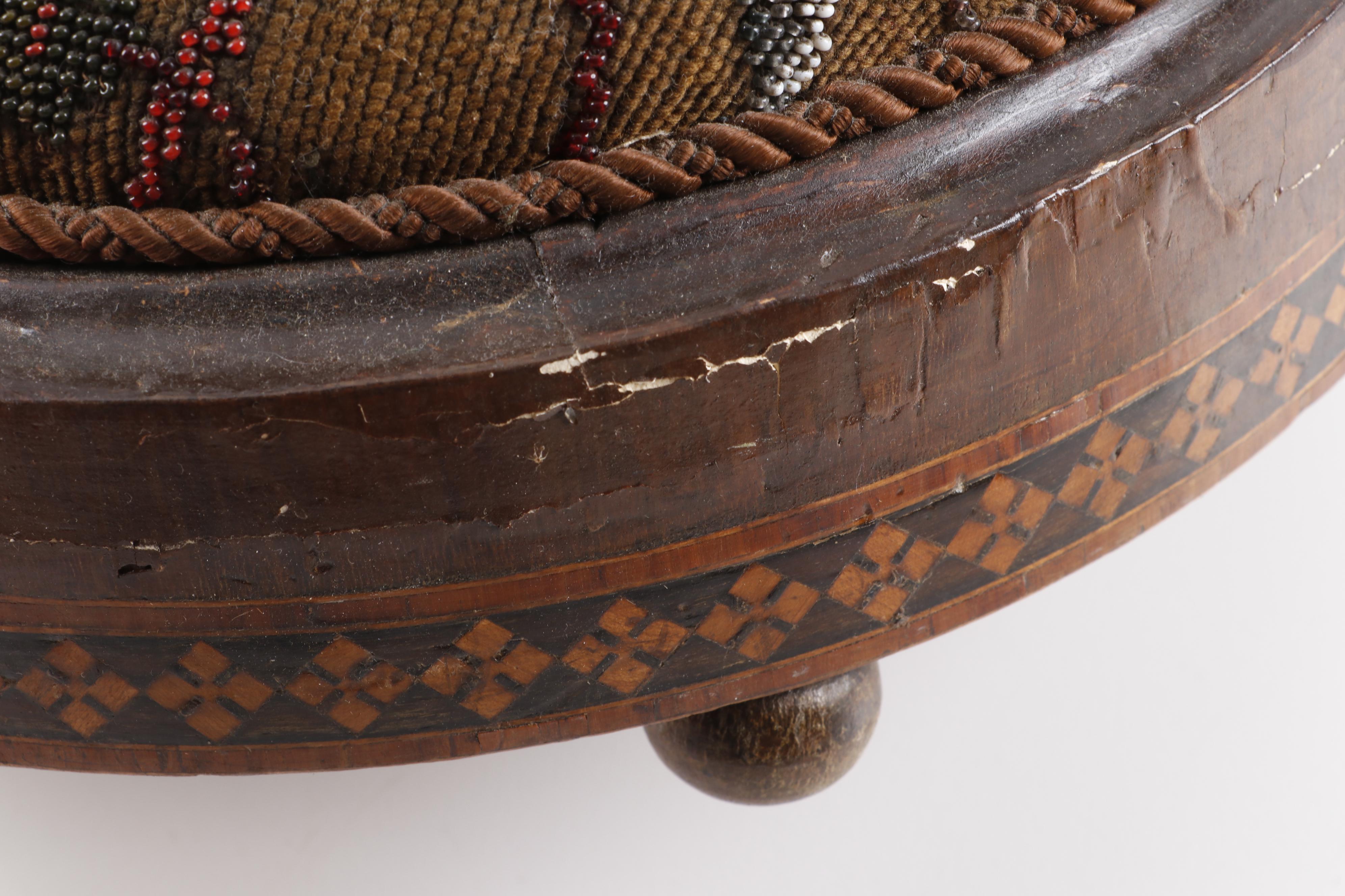 Early Victorian Tunbridge Style Floral Beaded Tuffet, Circa 1850