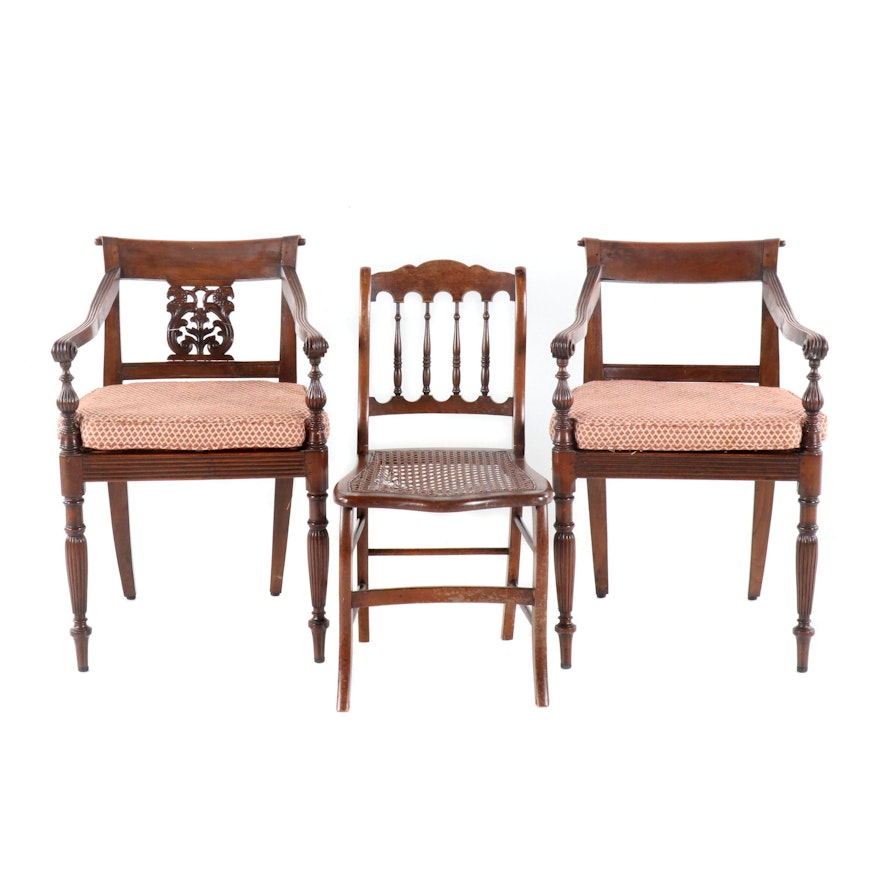 Regency Style Armchairs and Cane Side Chair, 20th Century