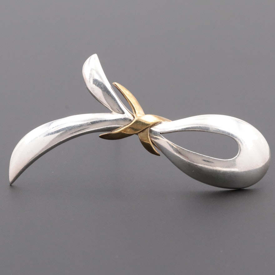 Sterling Silver with Gold Wash Accent Ribbon Brooch