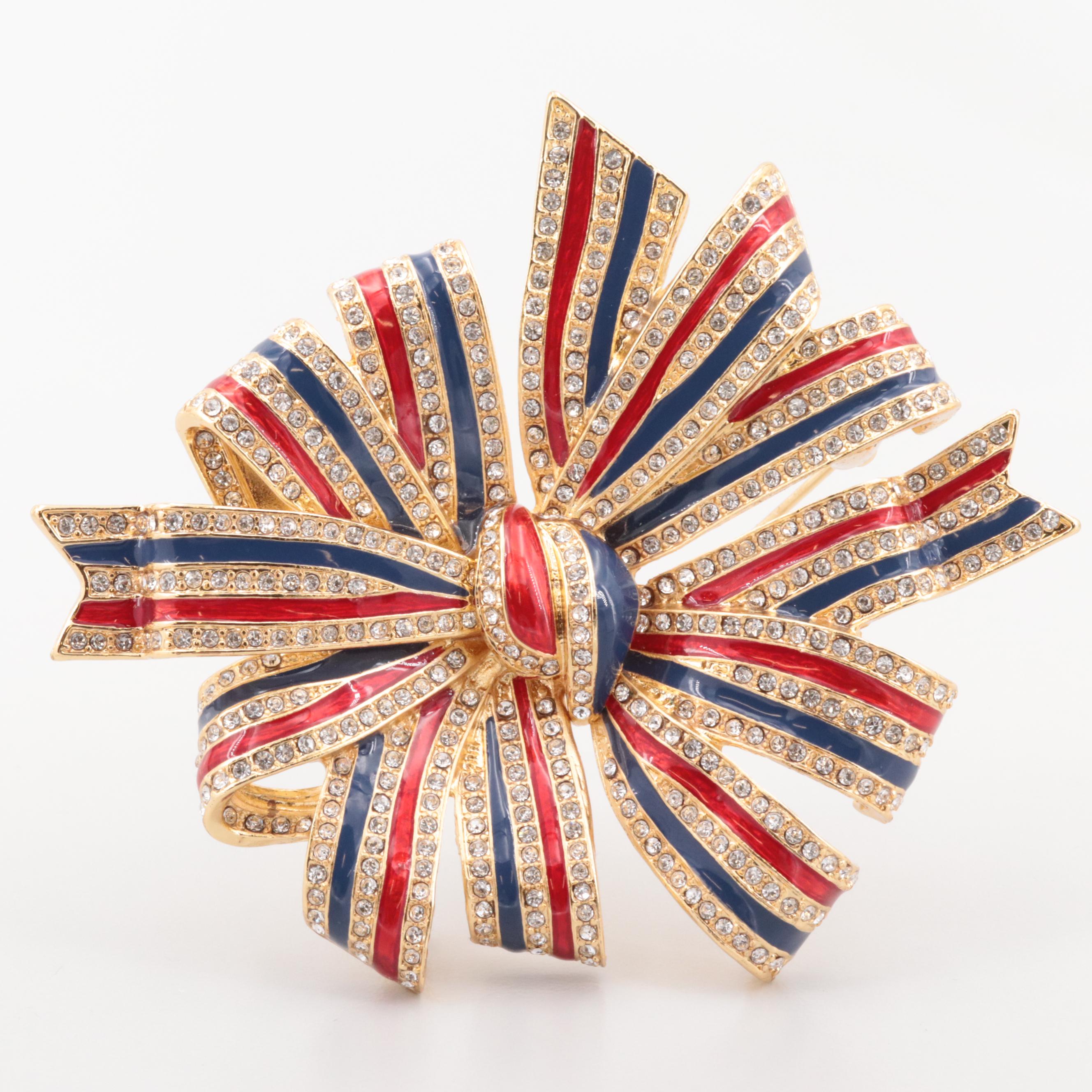 Ciner for Joan Rivers Gold Tone Glass and Enamel Bow Converter Brooch