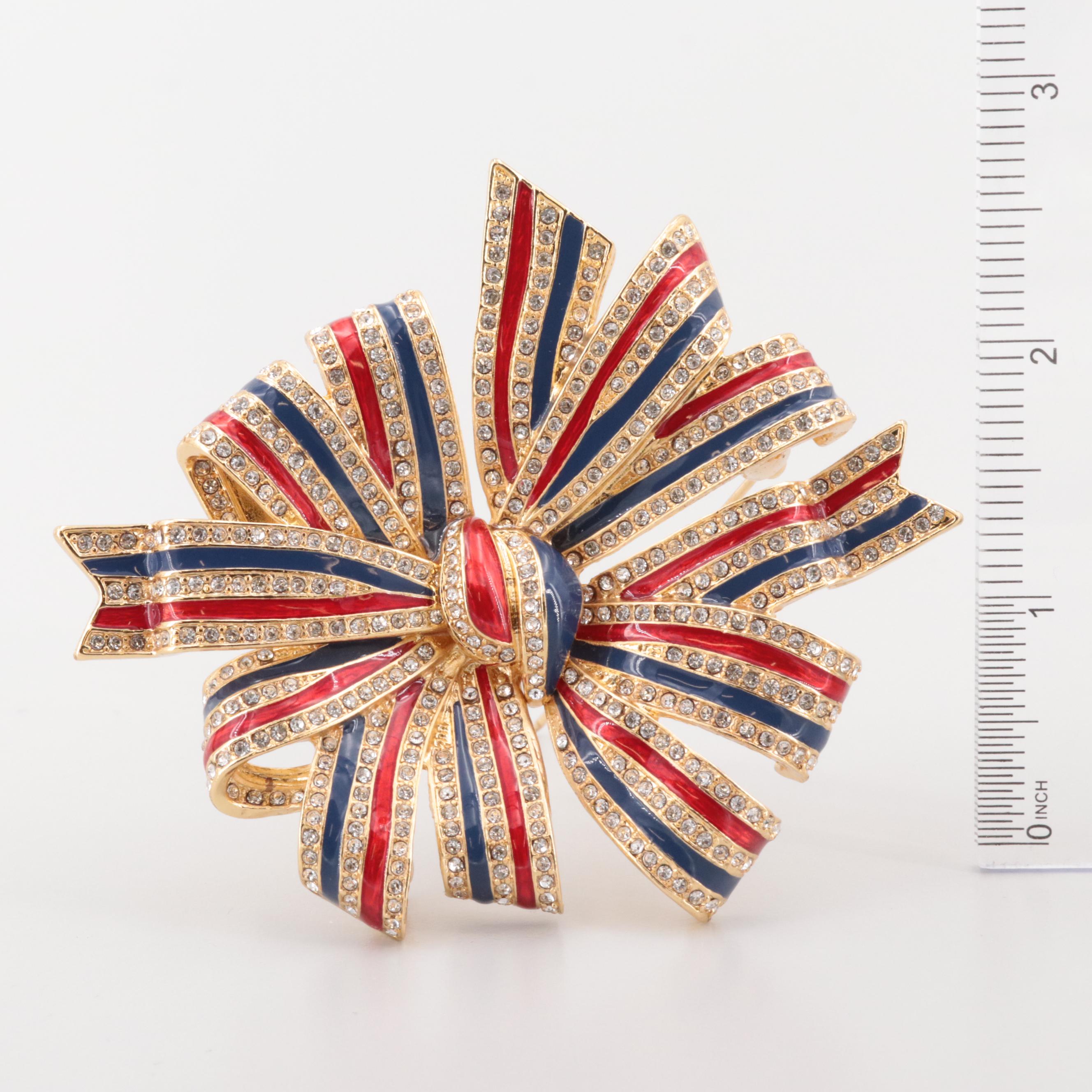 Ciner for Joan Rivers Gold Tone Glass and Enamel Bow Converter Brooch