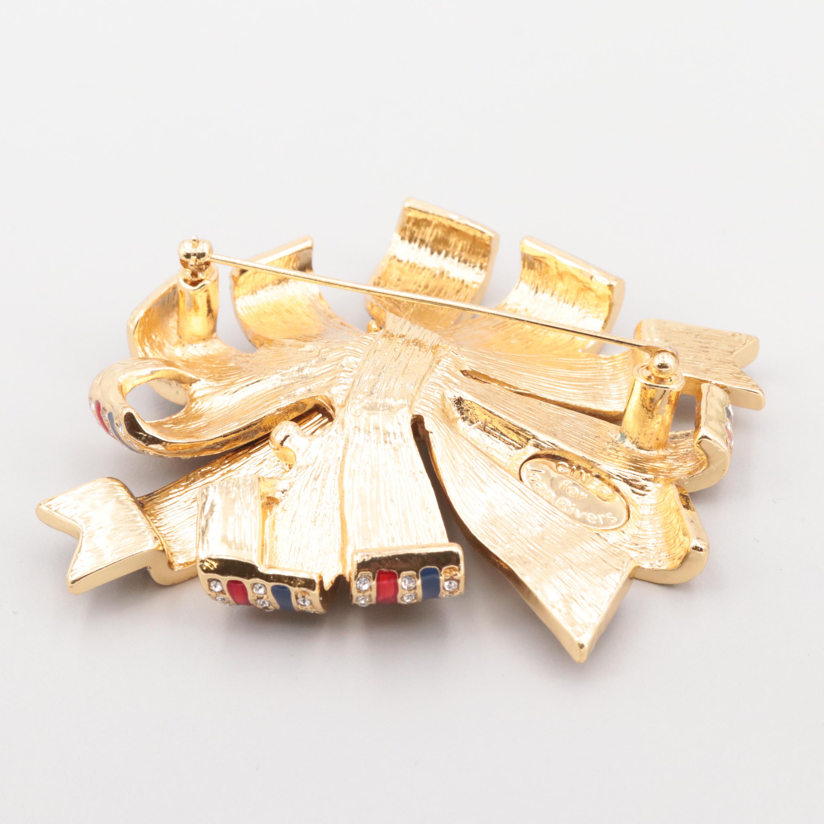 Ciner for Joan Rivers Gold Tone Glass and Enamel Bow Converter Brooch