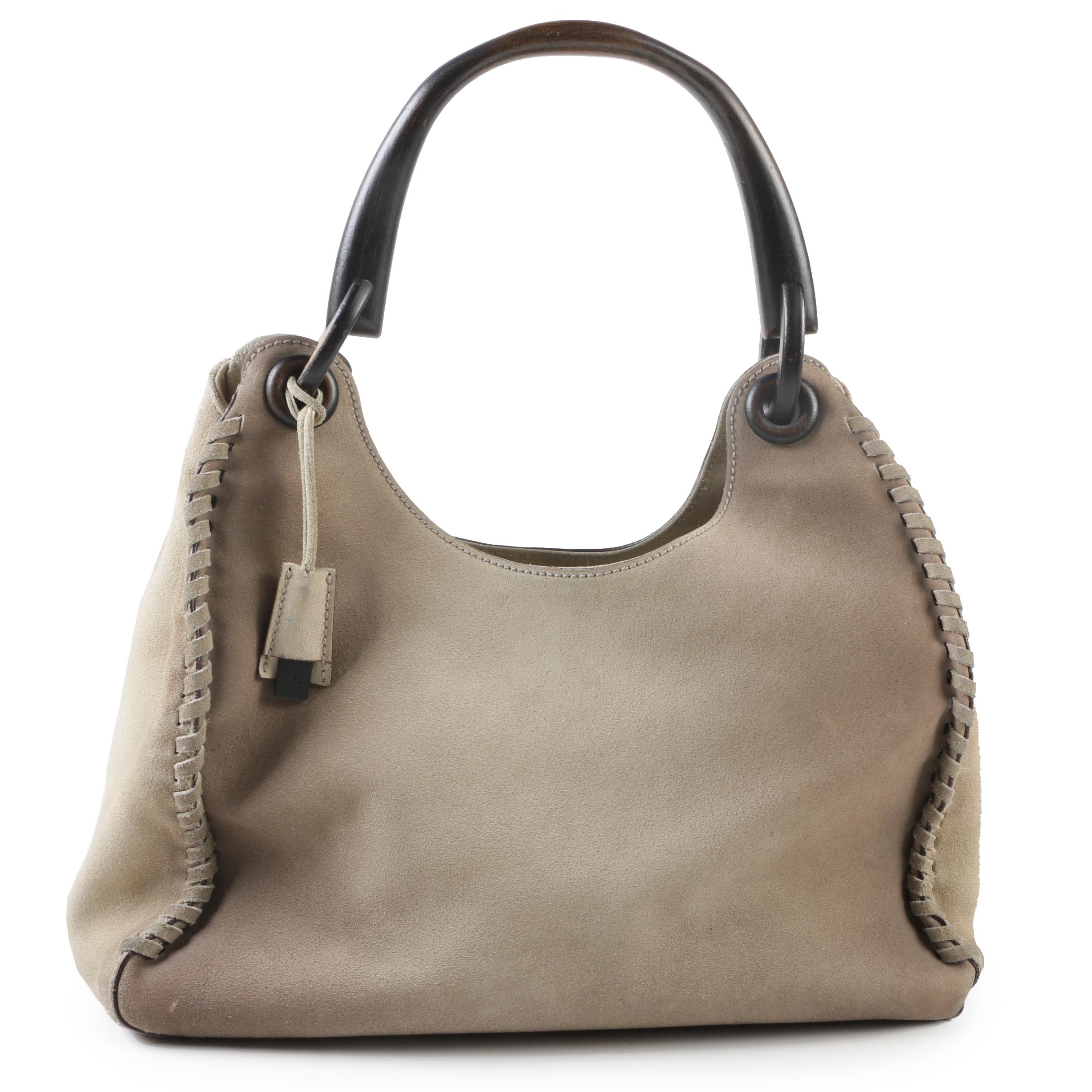 Gucci Stone Suede Whipstitched Hobo Bag with Wood Handle
