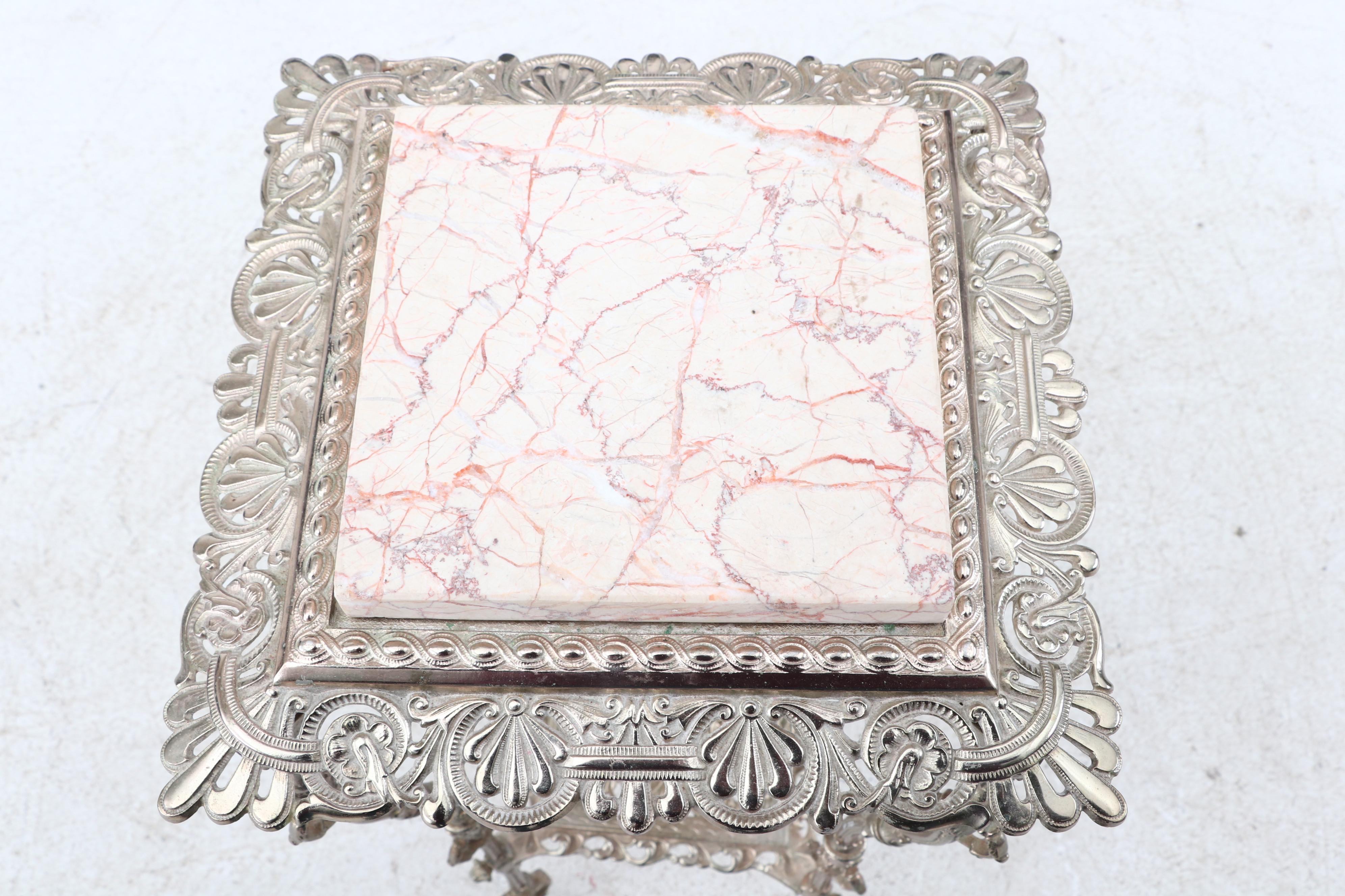 Marble Top Pierced Brass Plant Stand