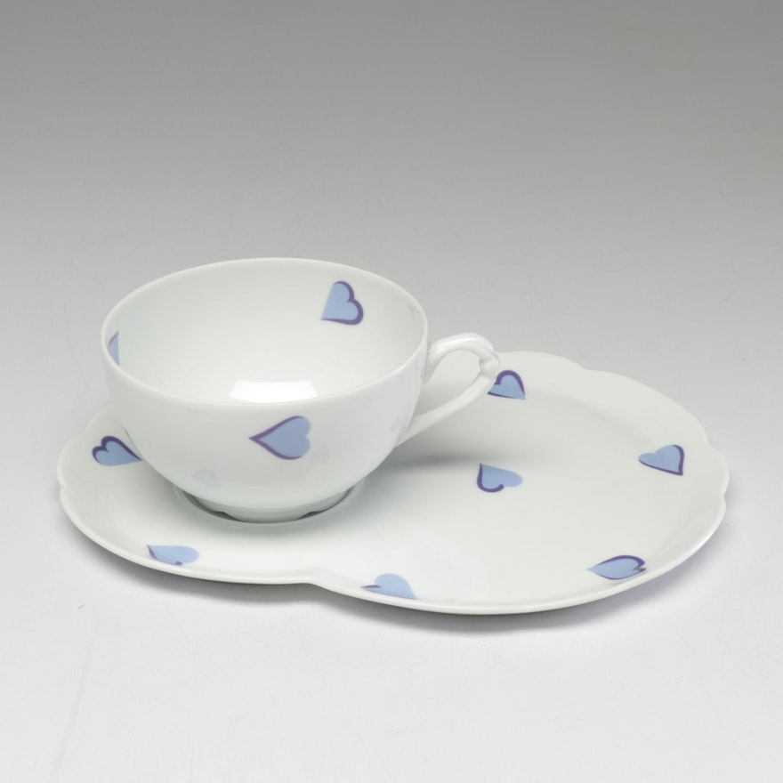 D. Porthault Limoges Porcelain Heart Pattern Cup and Saucer Tray Set