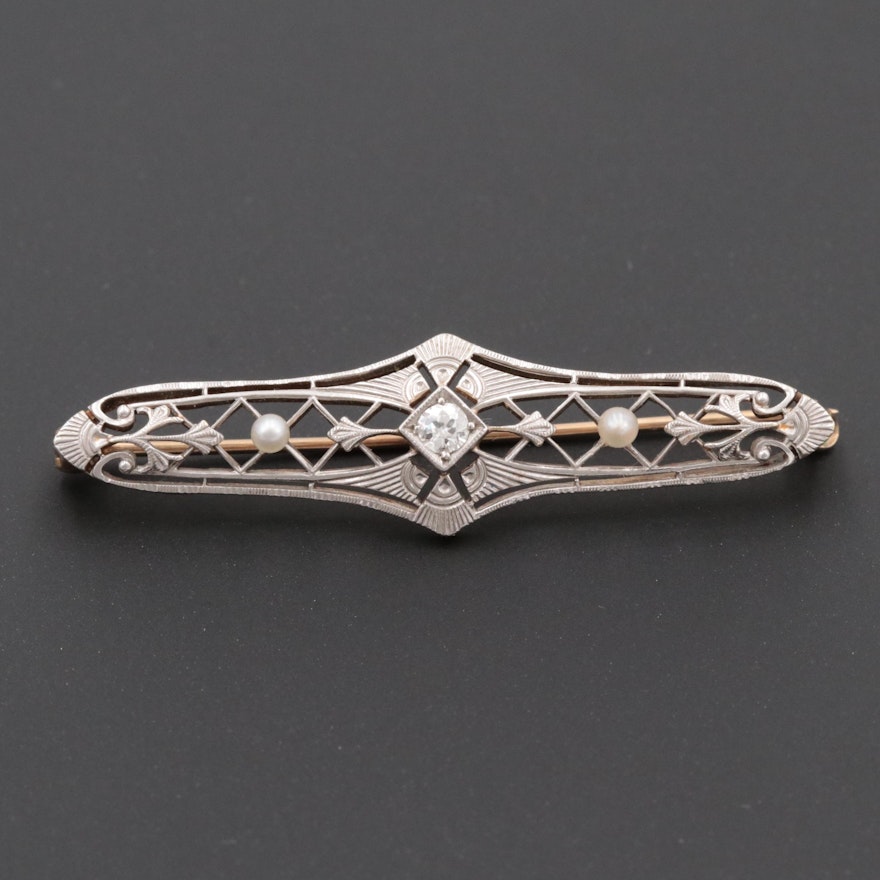 Art Deco Platinum and 14K White Gold Diamond and Cultured Seed Pearl Bar Pin