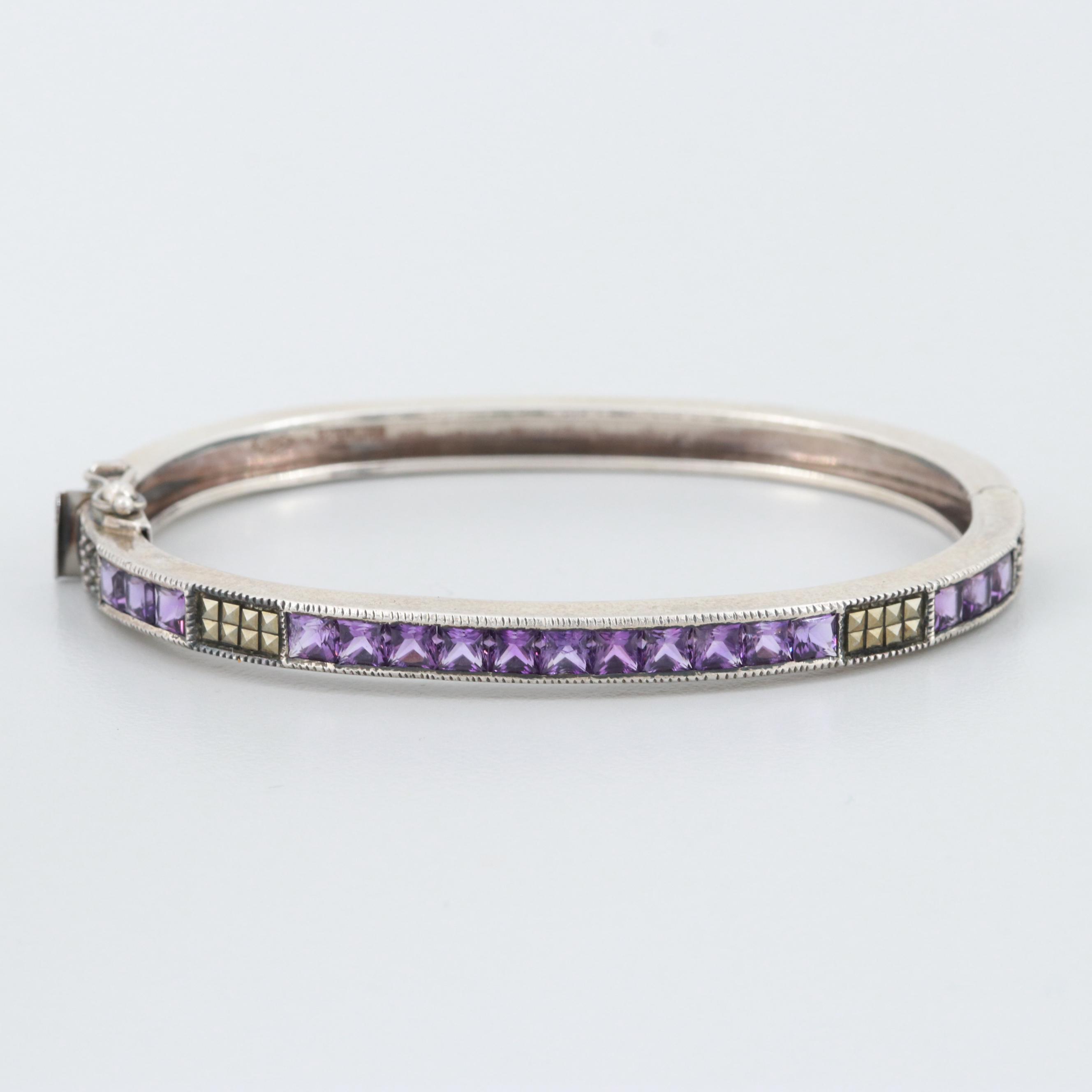 Sterling Silver Amethyst and Marcasite Bangle Bracelet