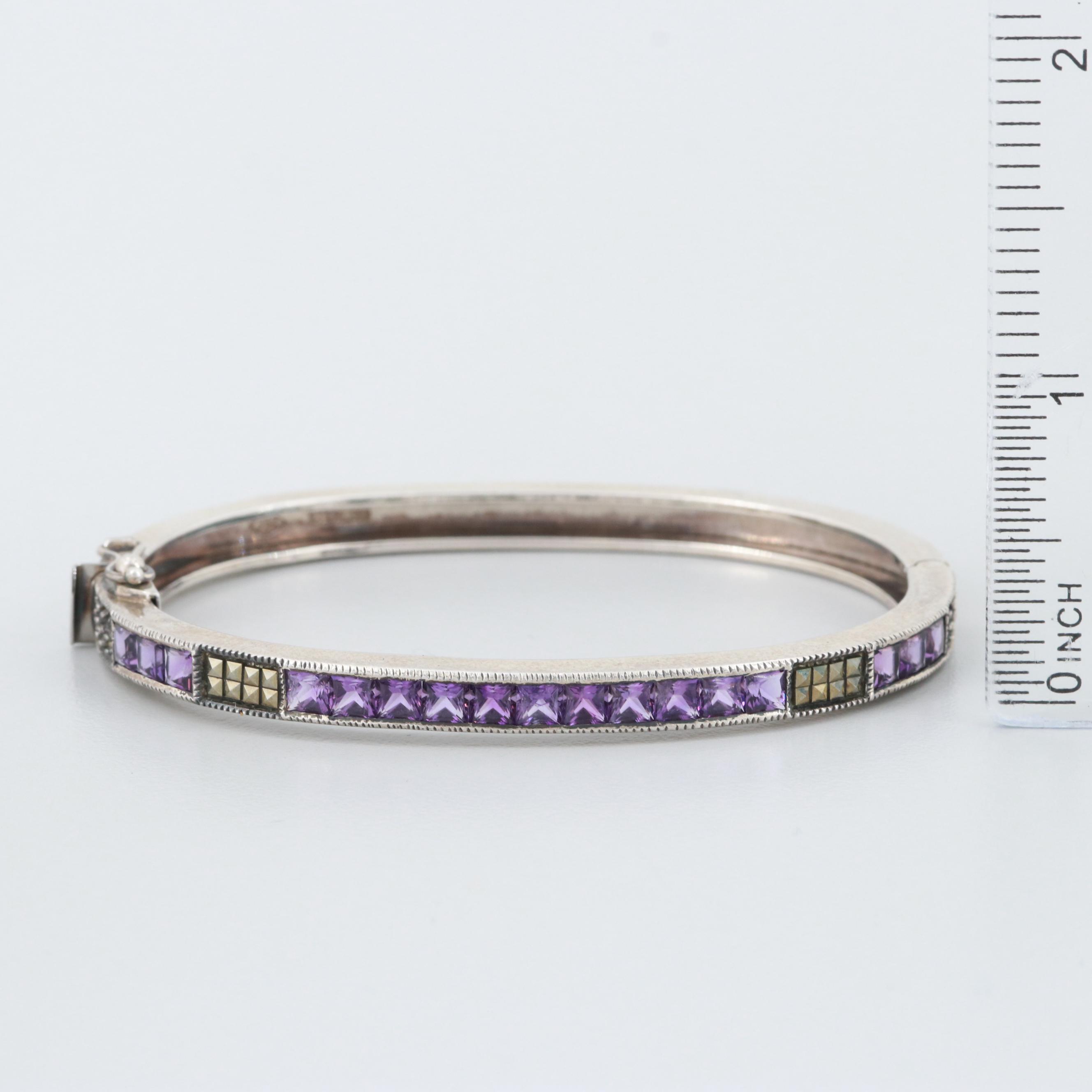 Sterling Silver Amethyst and Marcasite Bangle Bracelet
