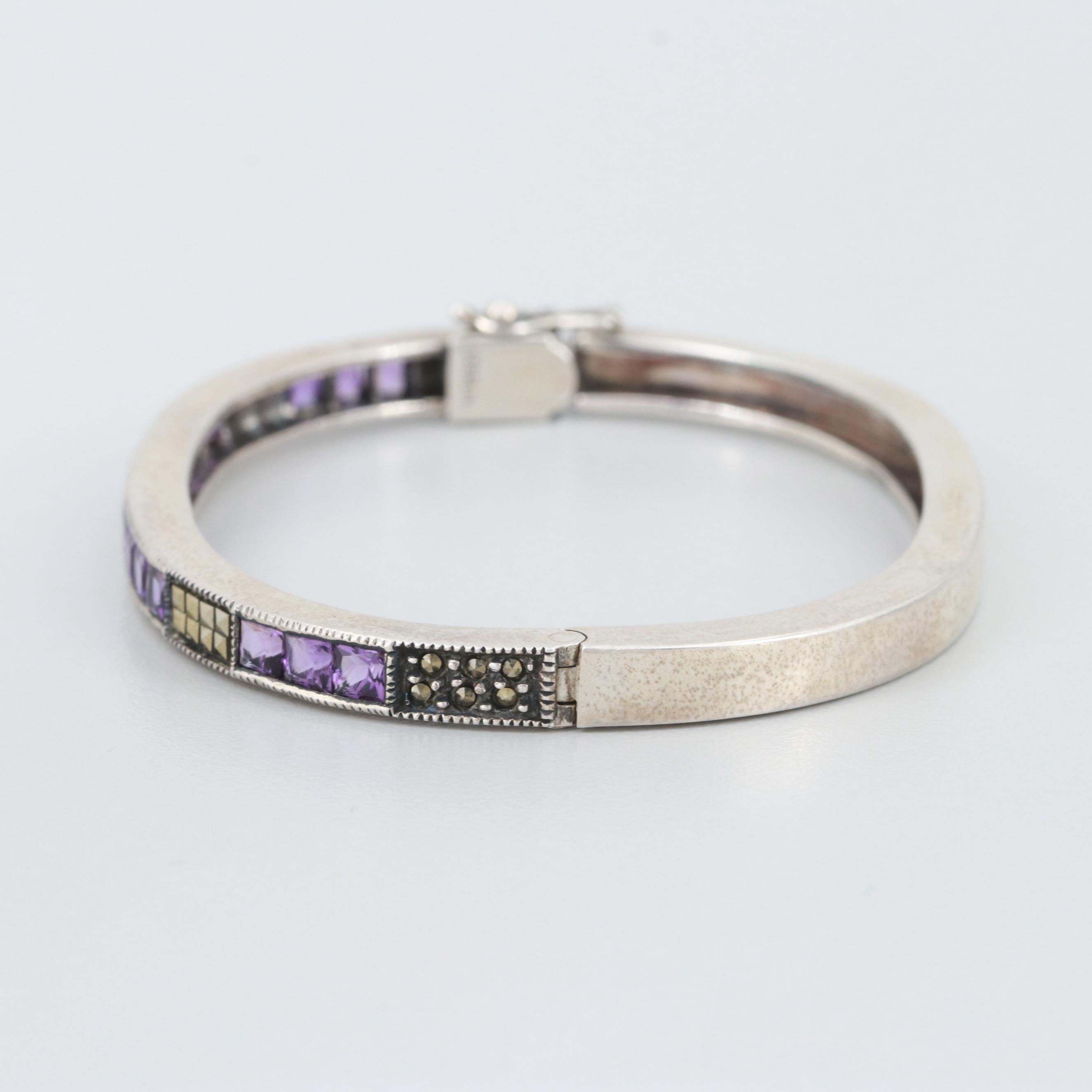 Sterling Silver Amethyst and Marcasite Bangle Bracelet