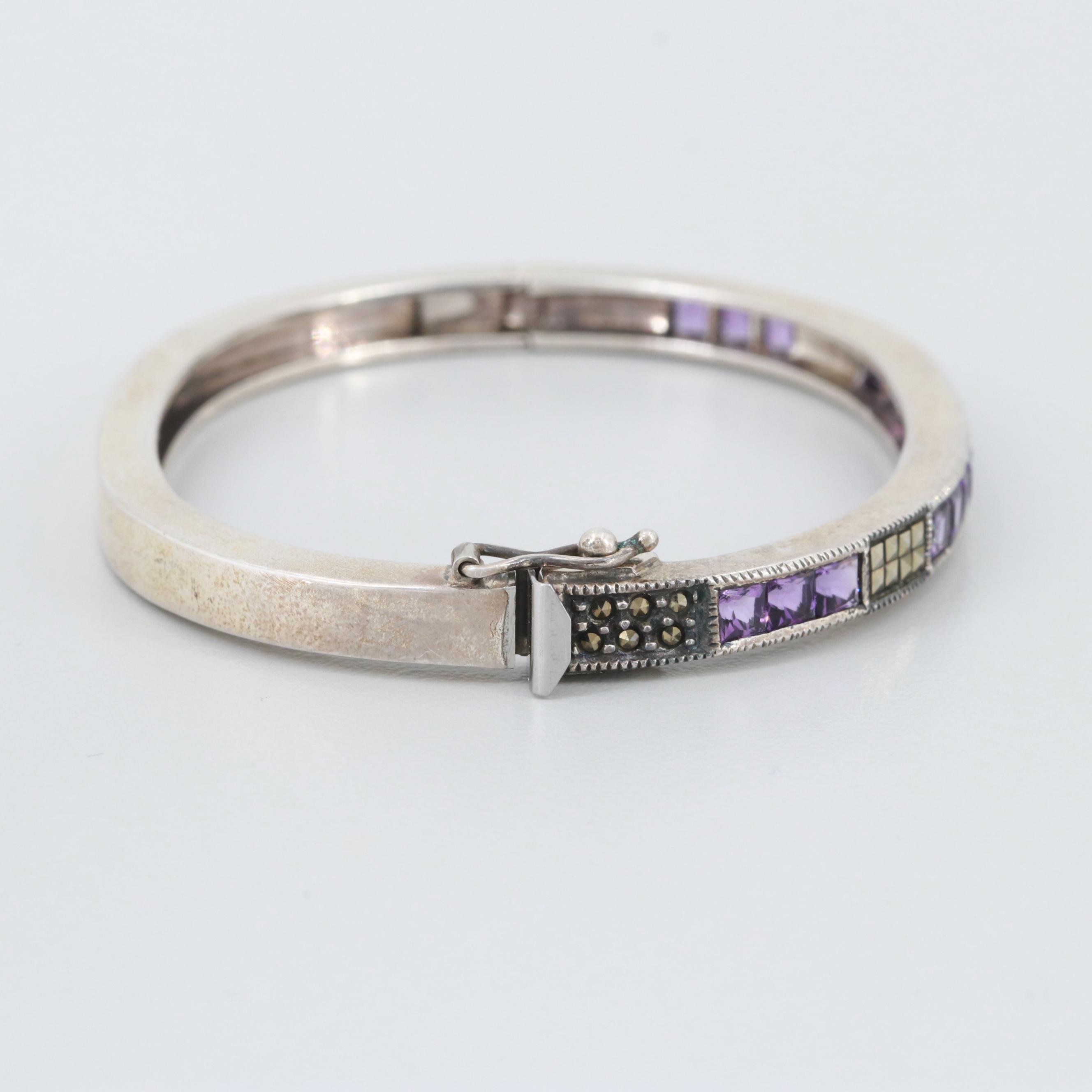 Sterling Silver Amethyst and Marcasite Bangle Bracelet