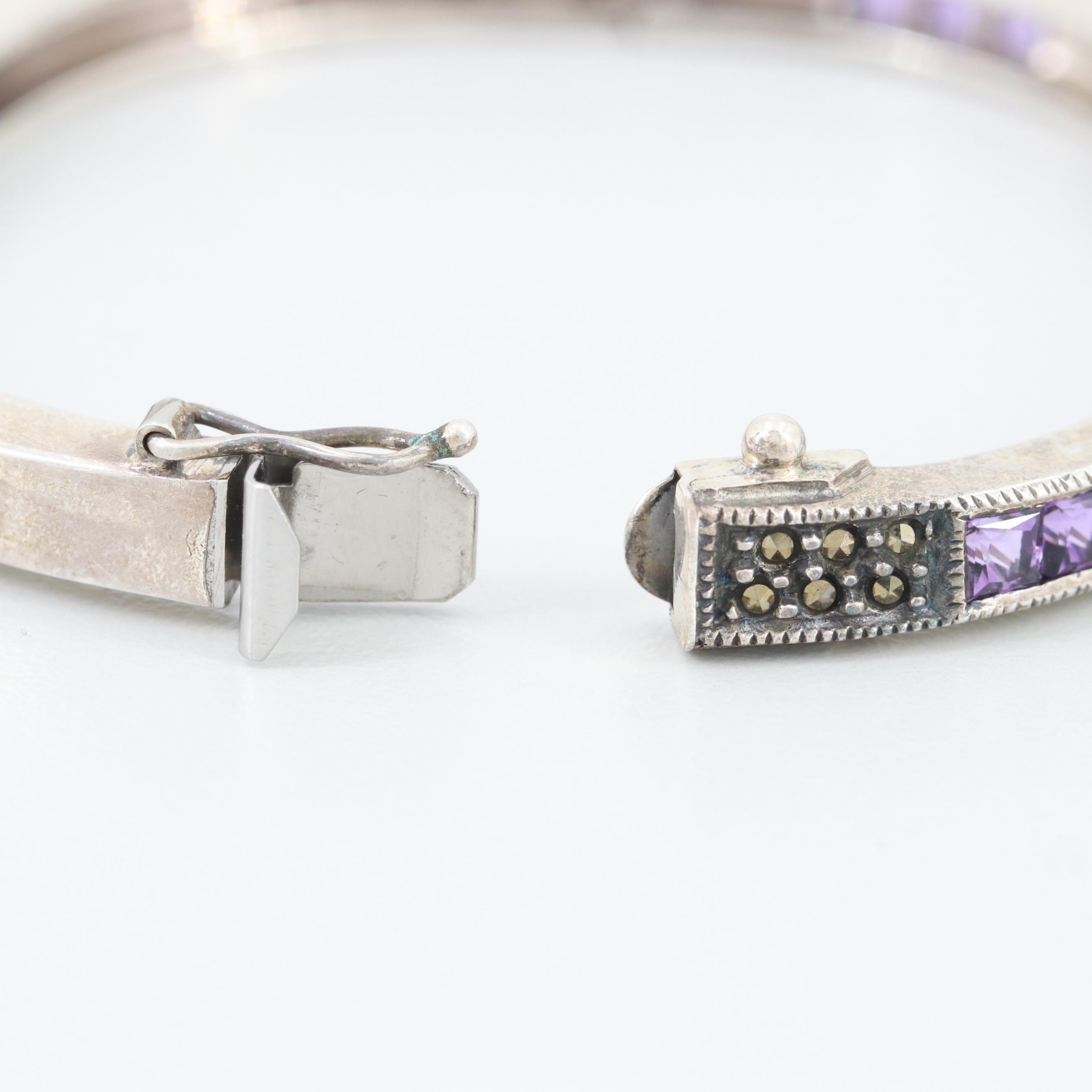 Sterling Silver Amethyst and Marcasite Bangle Bracelet