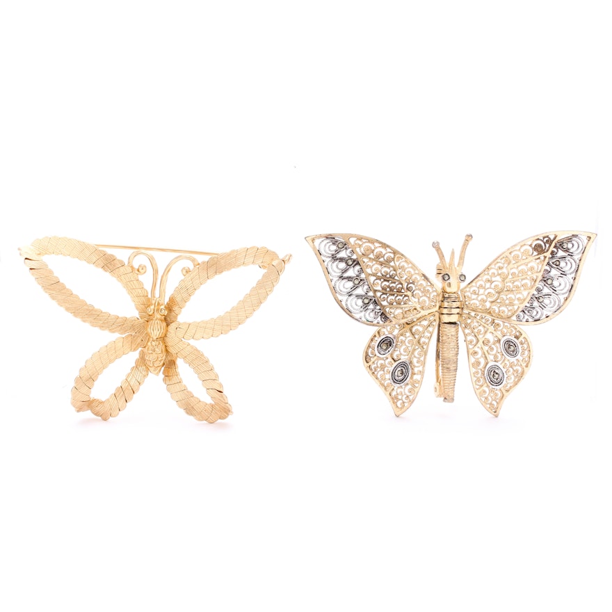 Gold Wash on Sterling Silver Brooches Featuring Napier & Movable Filigree Wings