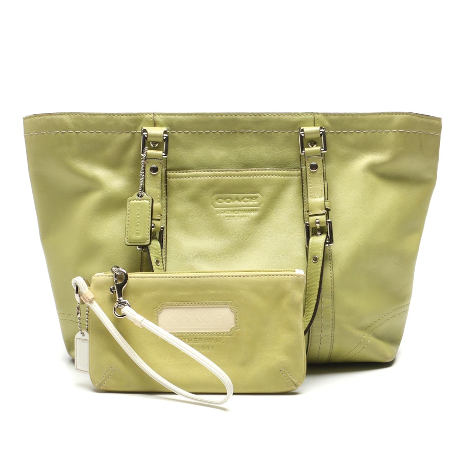 Coach Lime Green Leather Tote Bag and Wristlet