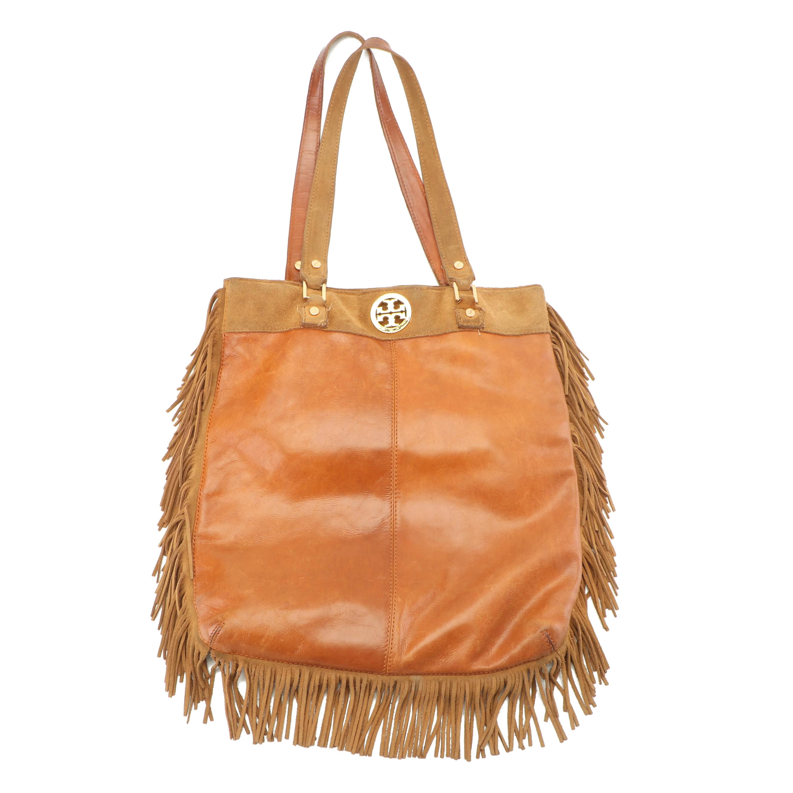 Tory Burch Tan Leather and Suede Fringed Shoulder Bag