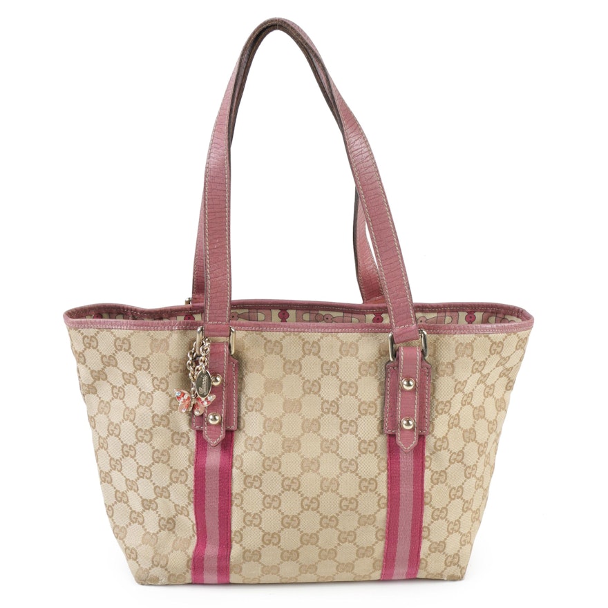 Gucci GG Canvas and Pink Leather Shoulder Tote with Embellished Butterfly Charm