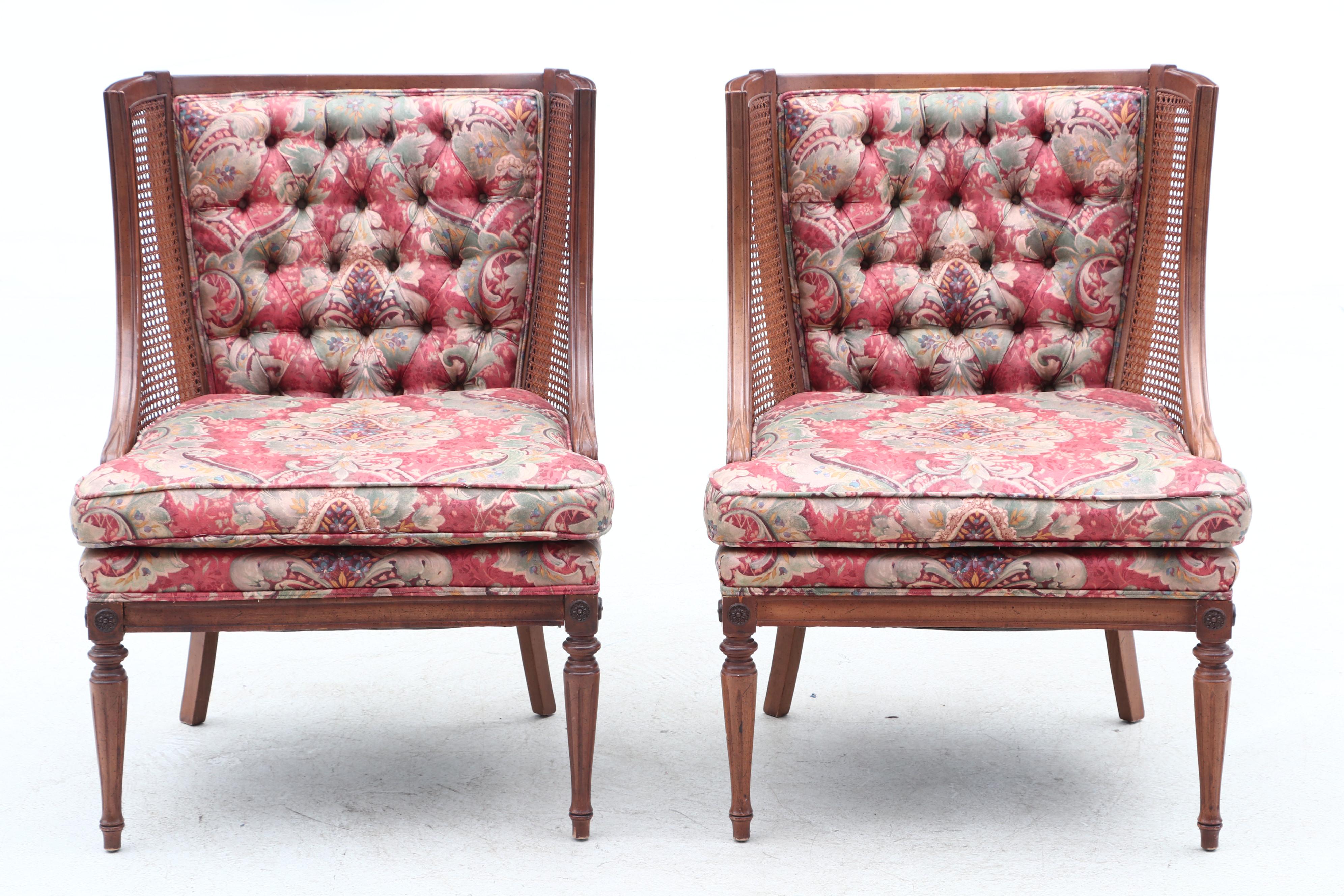 Vintage Woven Cane and Button Tufted Wingback Chairs