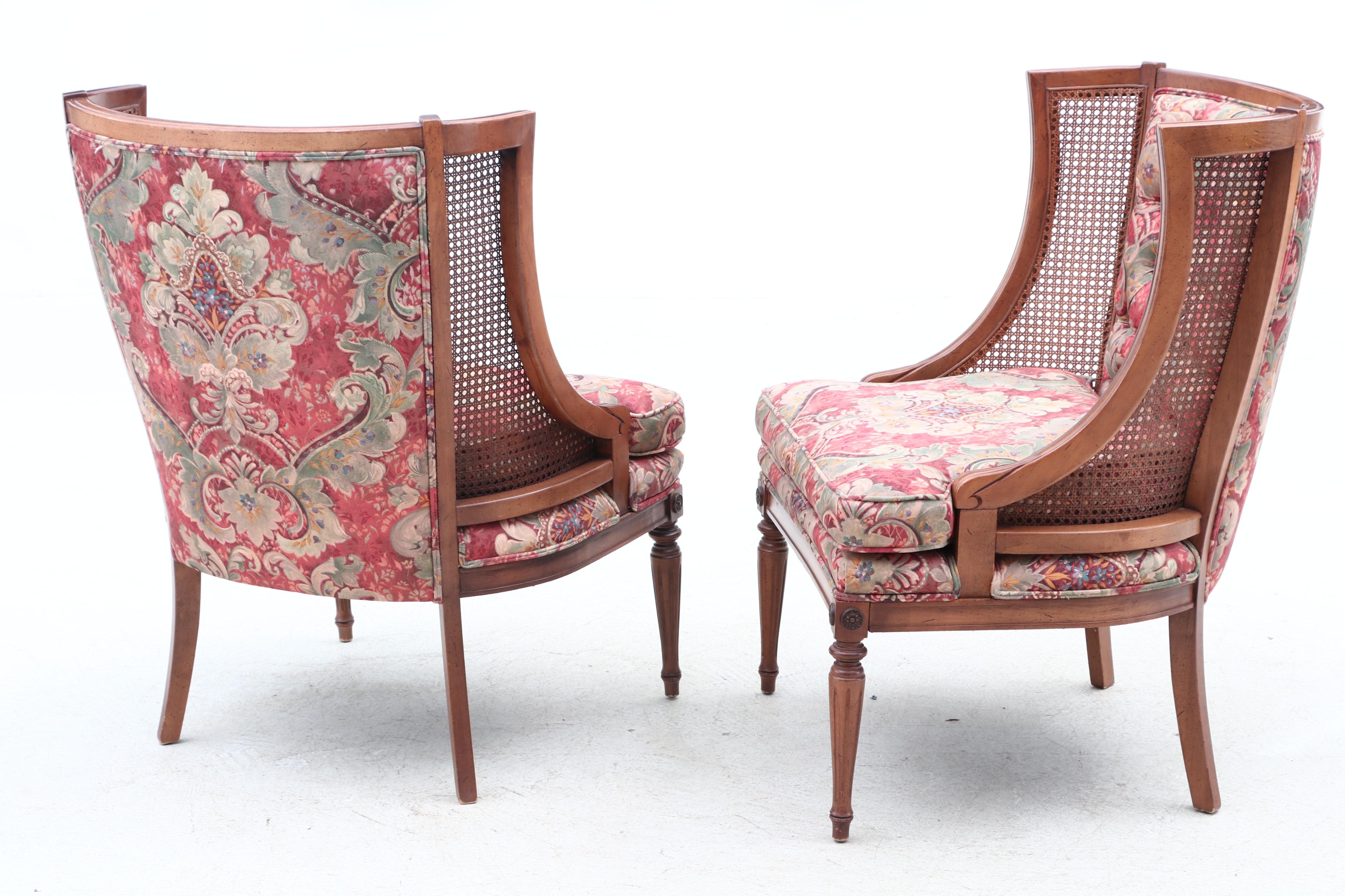 Vintage Woven Cane and Button Tufted Wingback Chairs