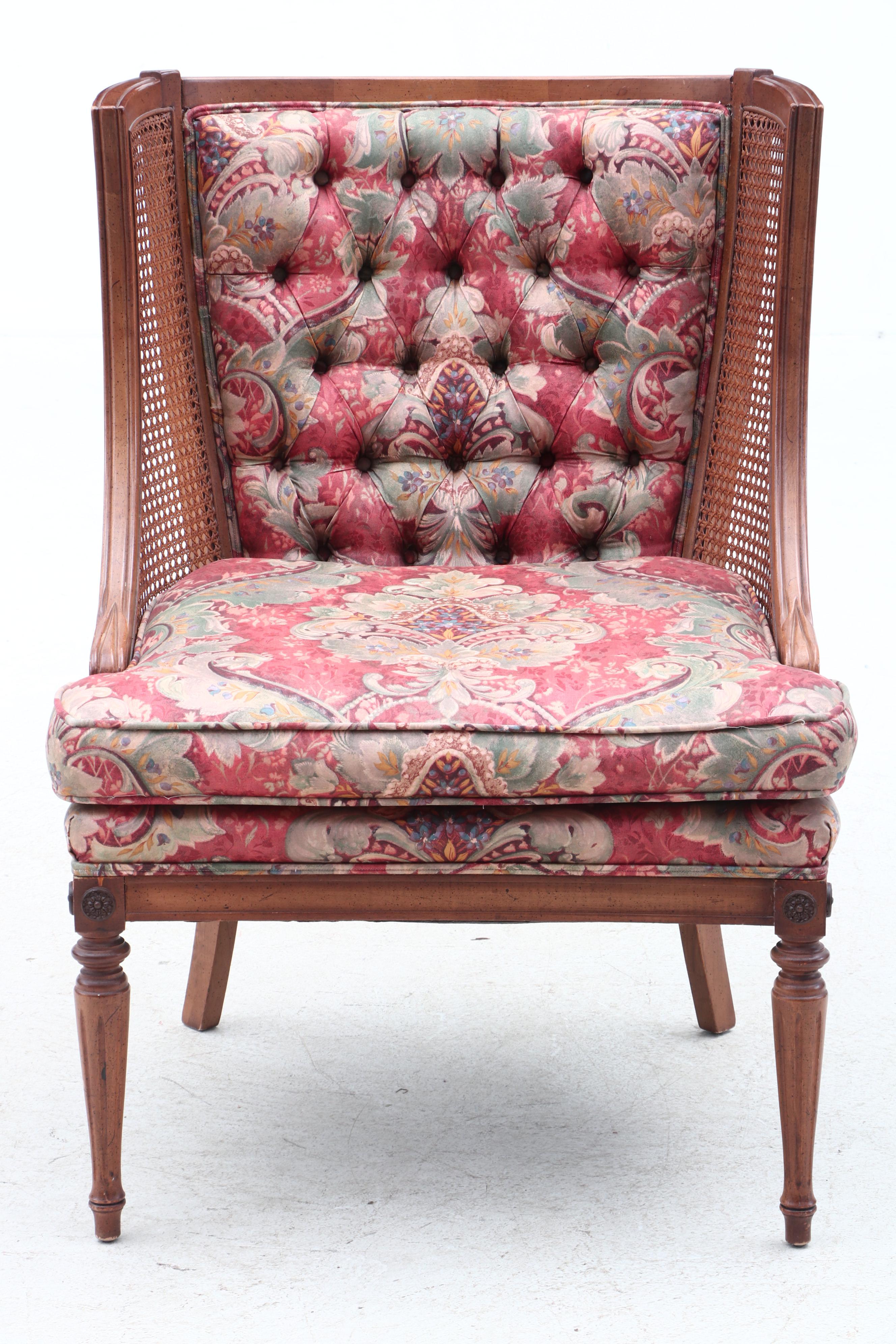 Vintage Woven Cane and Button Tufted Wingback Chairs