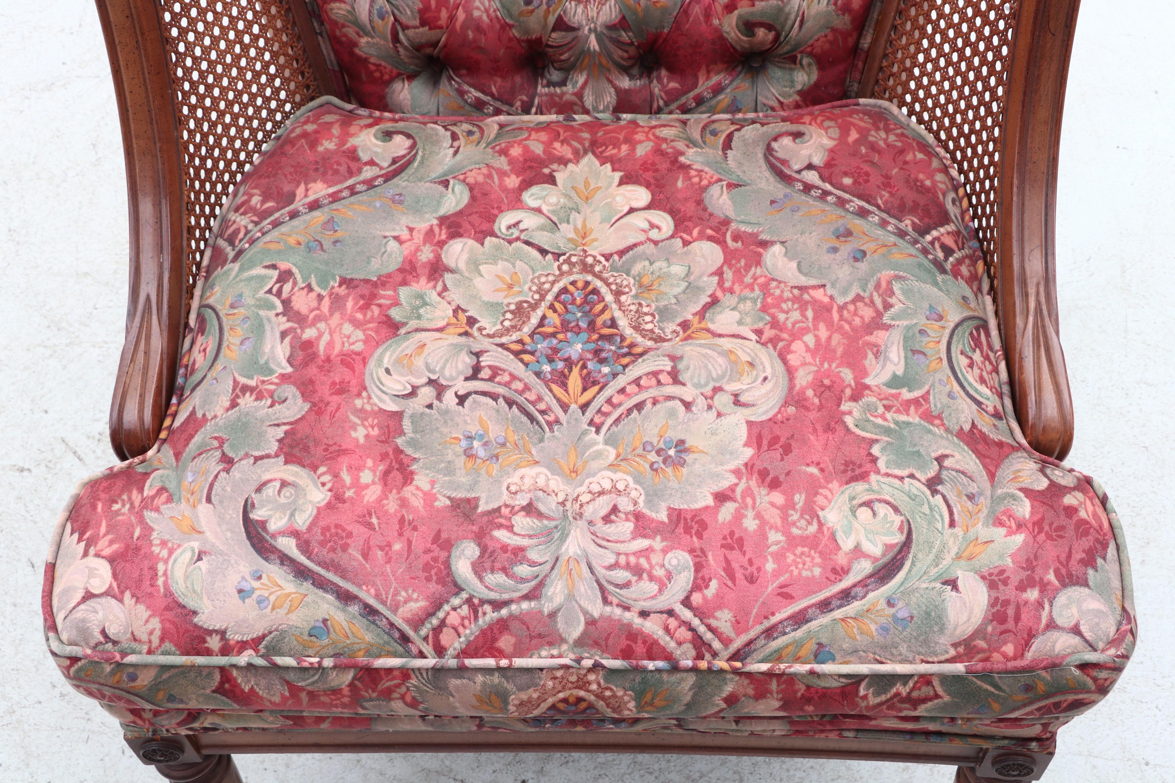 Vintage Woven Cane and Button Tufted Wingback Chairs