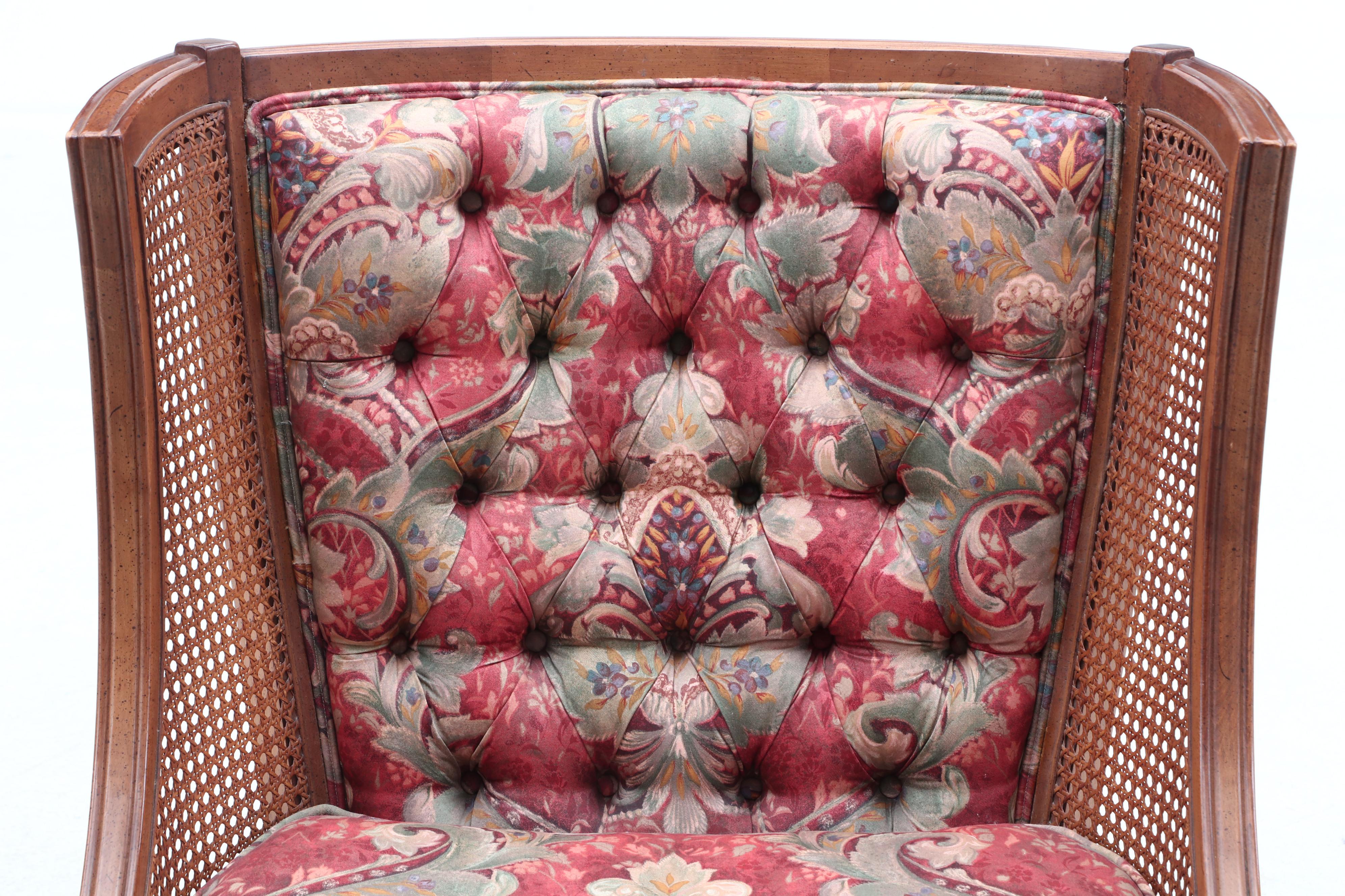 Vintage Woven Cane and Button Tufted Wingback Chairs