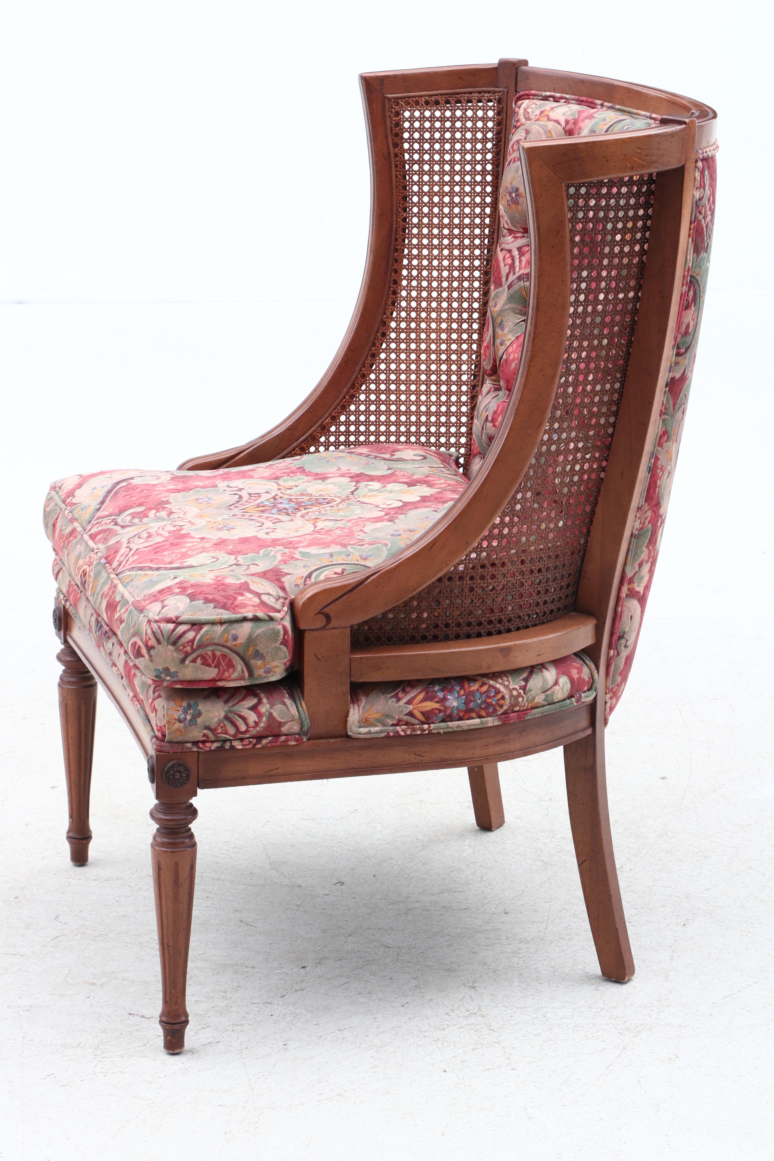 Vintage Woven Cane and Button Tufted Wingback Chairs