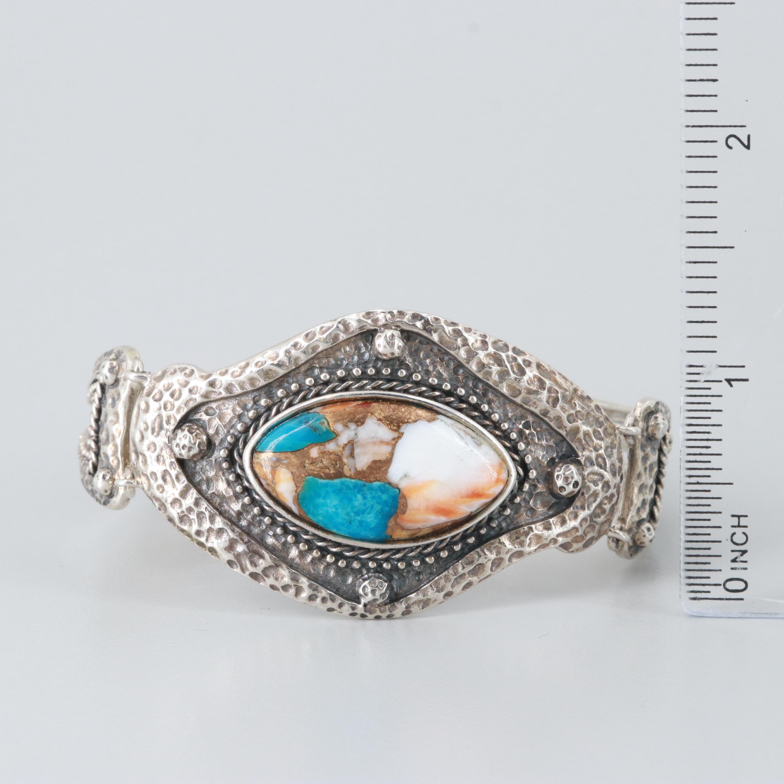 Sterling Silver Turquoise and Spiny Oyster Aggregate Adjustable Bracelet