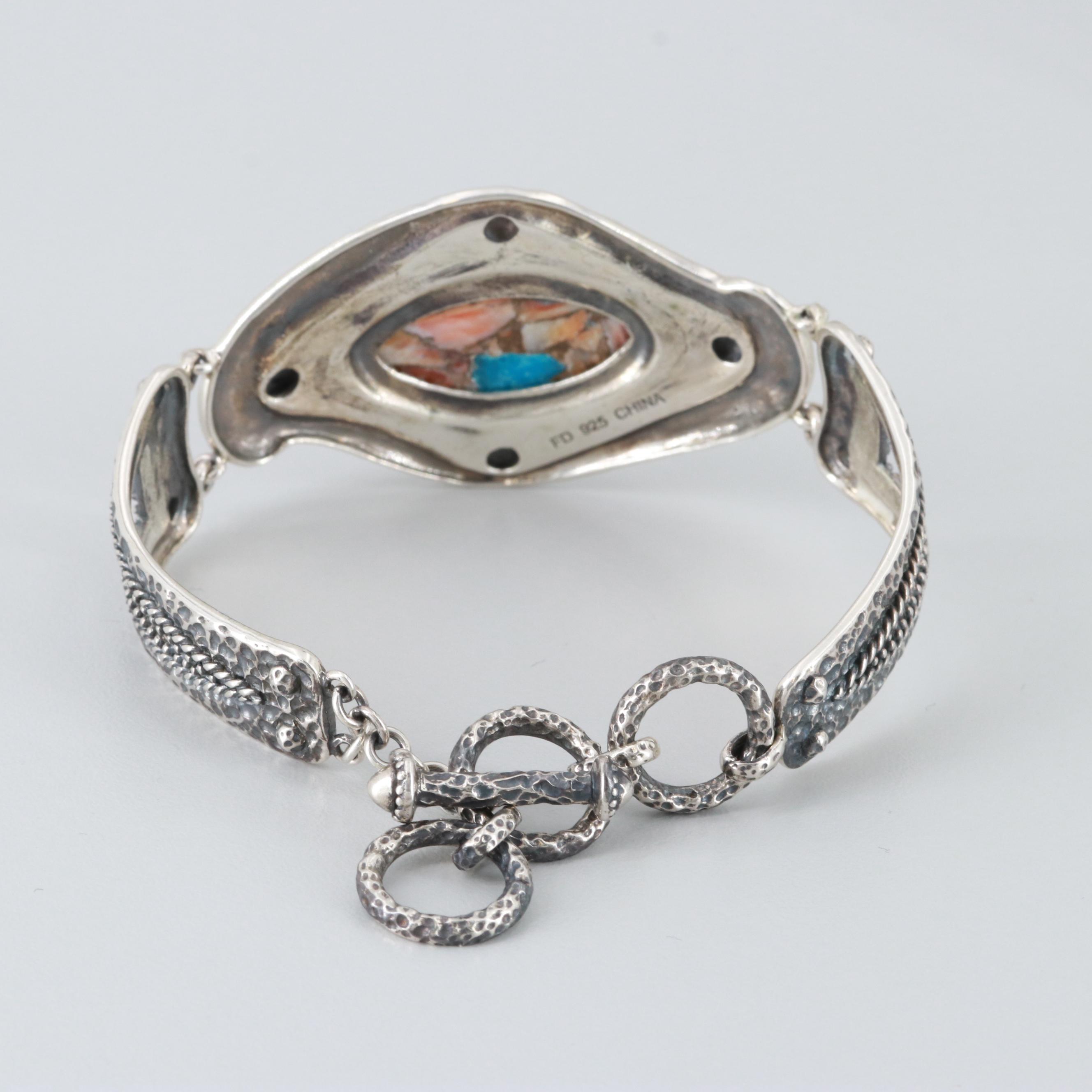 Sterling Silver Turquoise and Spiny Oyster Aggregate Adjustable Bracelet