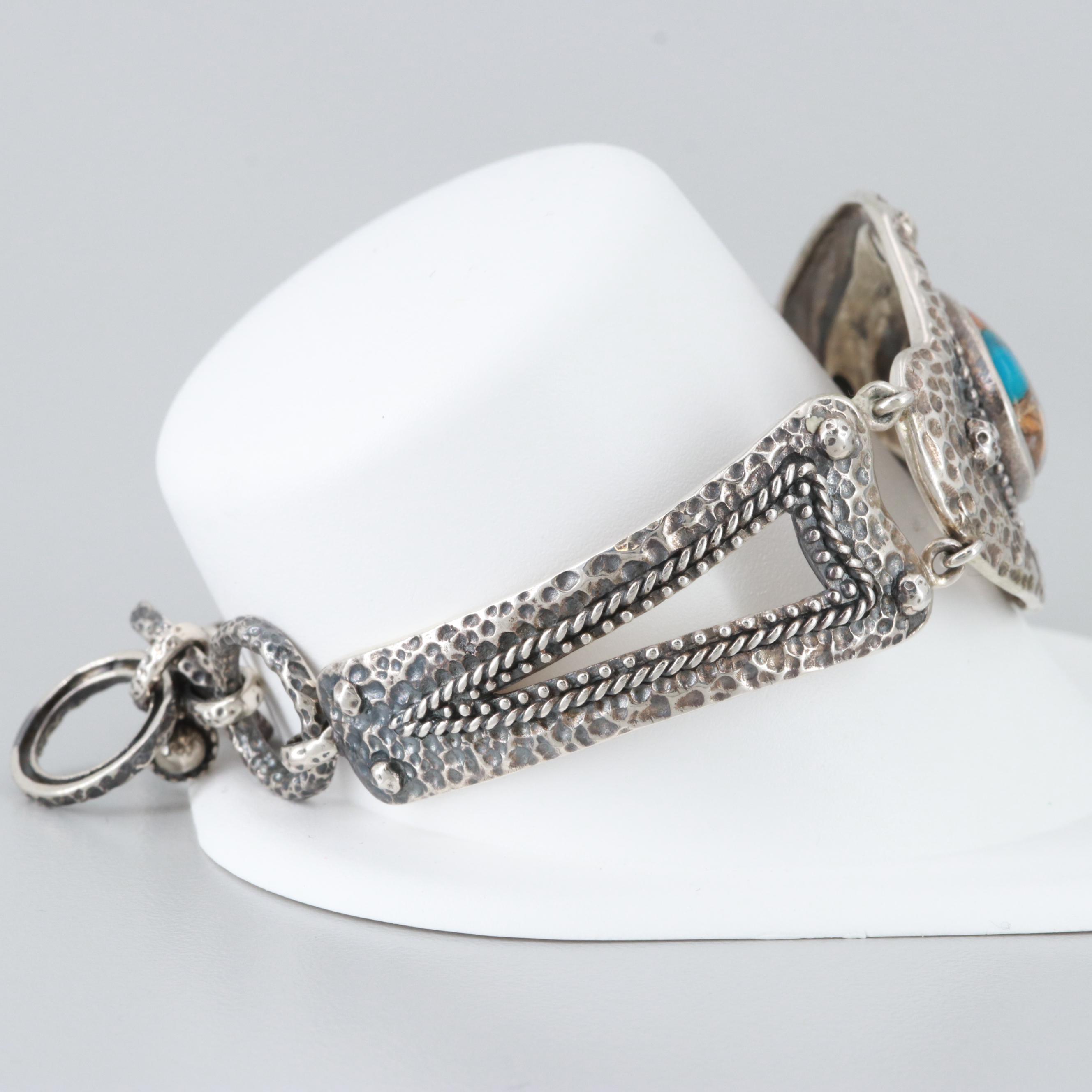 Sterling Silver Turquoise and Spiny Oyster Aggregate Adjustable Bracelet