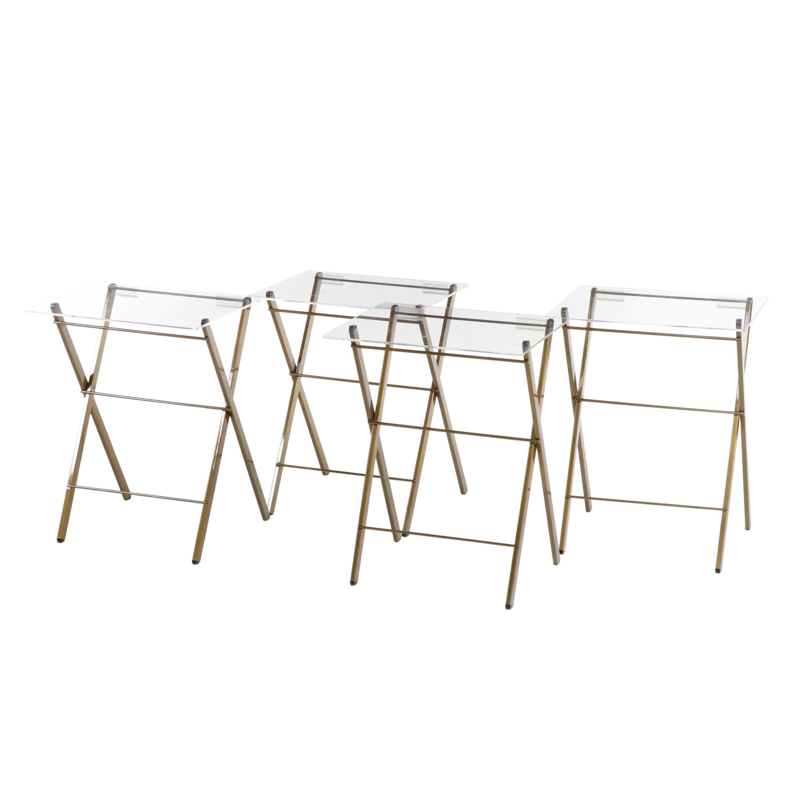 Contemporary Clear Acrylic Top Folding Tables with Brass Tone Metal Bases