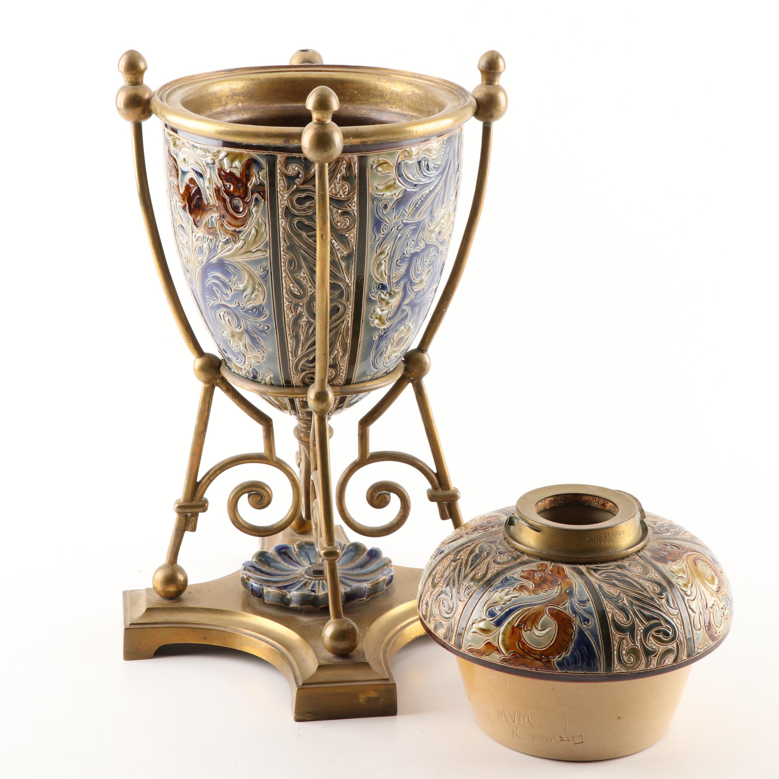 Doulton Lambeth Stoneware Oil Lamp Base with Hinks & Sons Burner, 19th C.