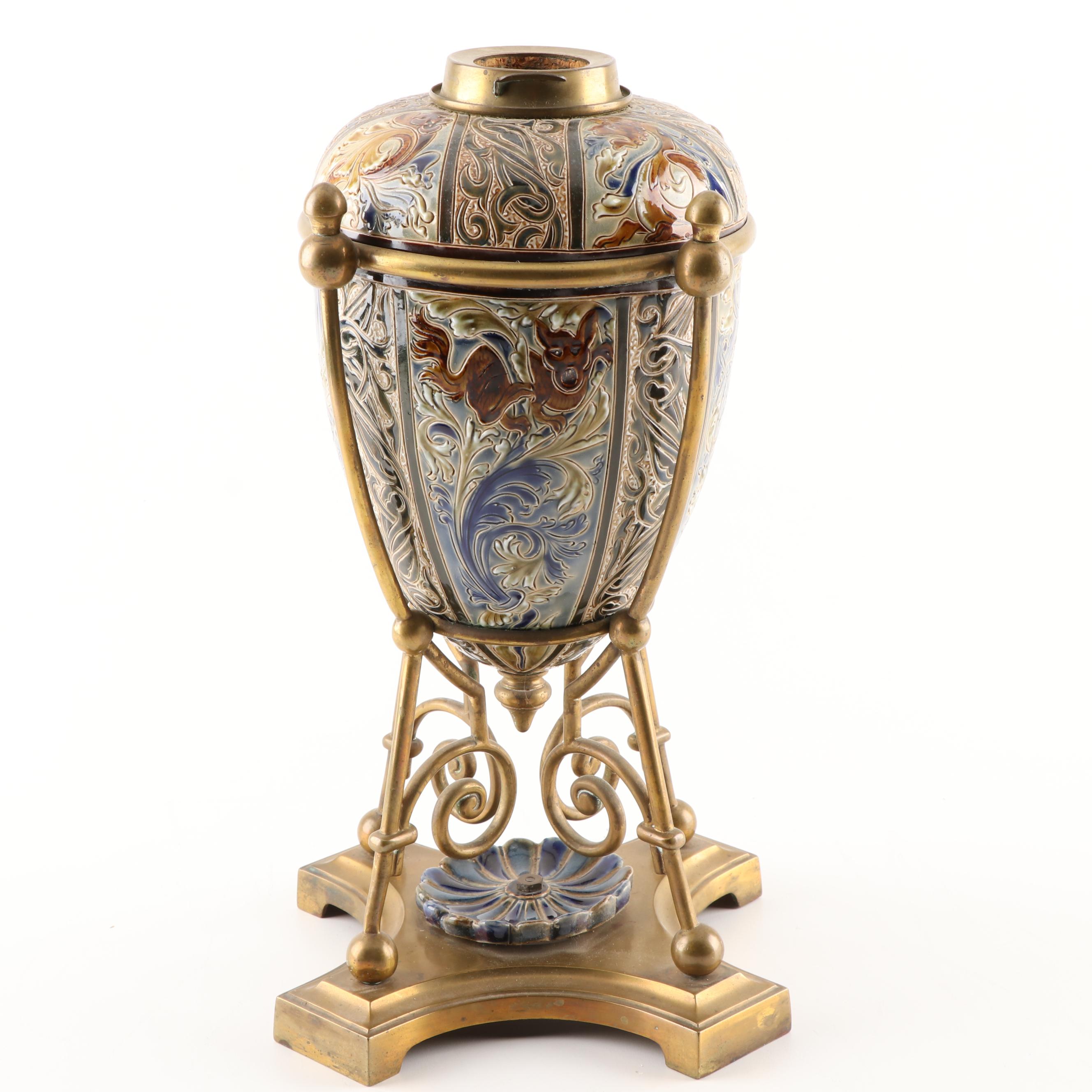 Doulton Lambeth Stoneware Oil Lamp Base with Hinks & Sons Burner, 19th C.