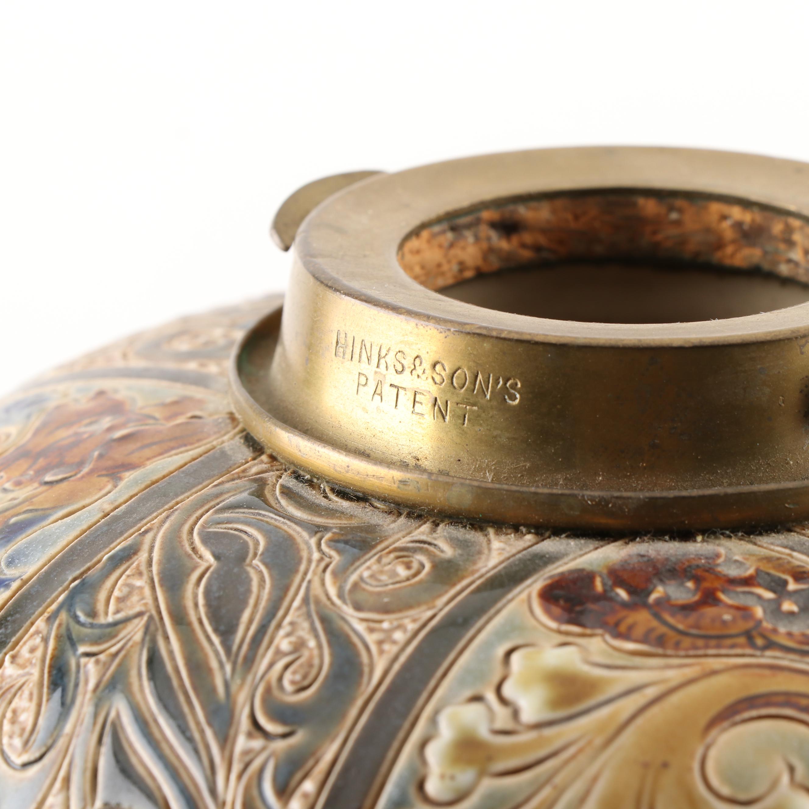 Doulton Lambeth Stoneware Oil Lamp Base with Hinks & Sons Burner, 19th C.