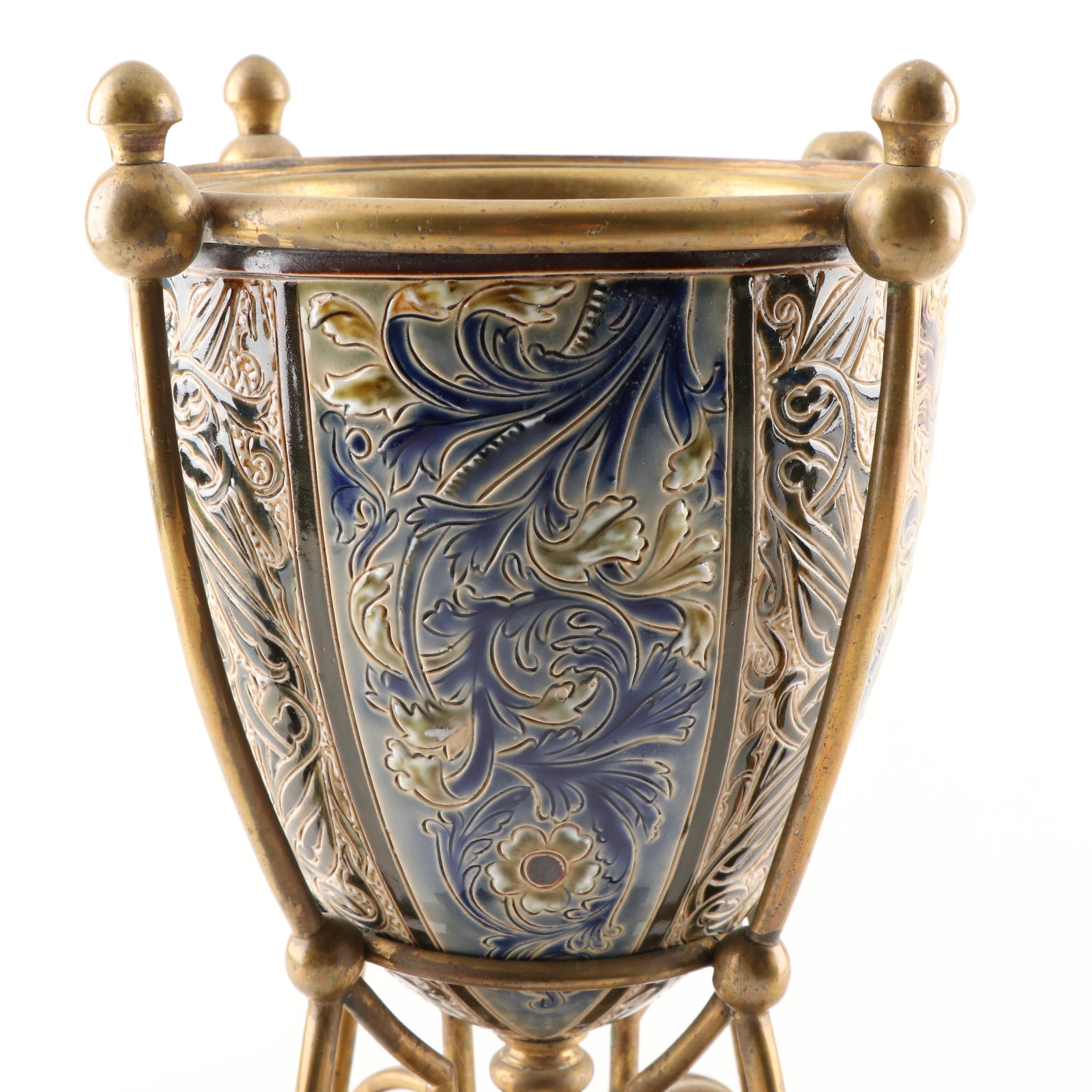 Doulton Lambeth Stoneware Oil Lamp Base with Hinks & Sons Burner, 19th C.