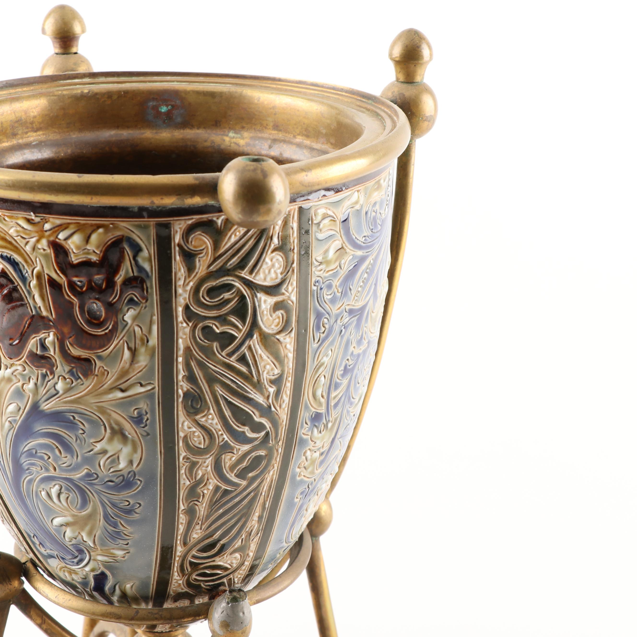 Doulton Lambeth Stoneware Oil Lamp Base with Hinks & Sons Burner, 19th C.