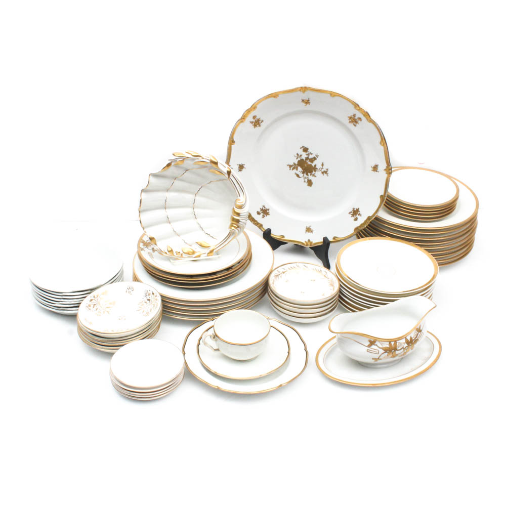 Gilt and White Dinnerware and Serveware Featuring Vista Alegre, Weimar, Haviland