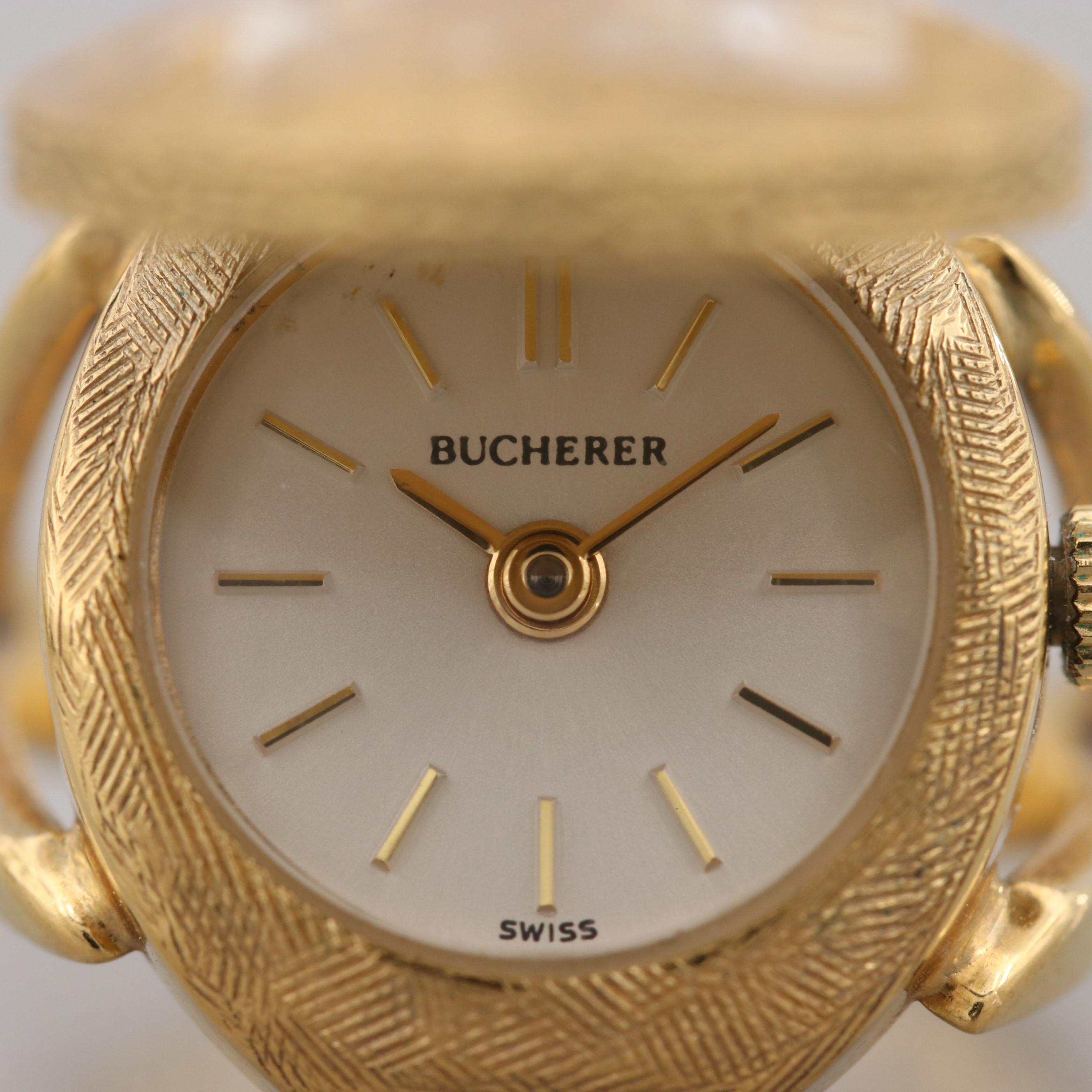 Vintage Bucherer Gold Tone Hidden Dial Ring Watch With Glass Crystals