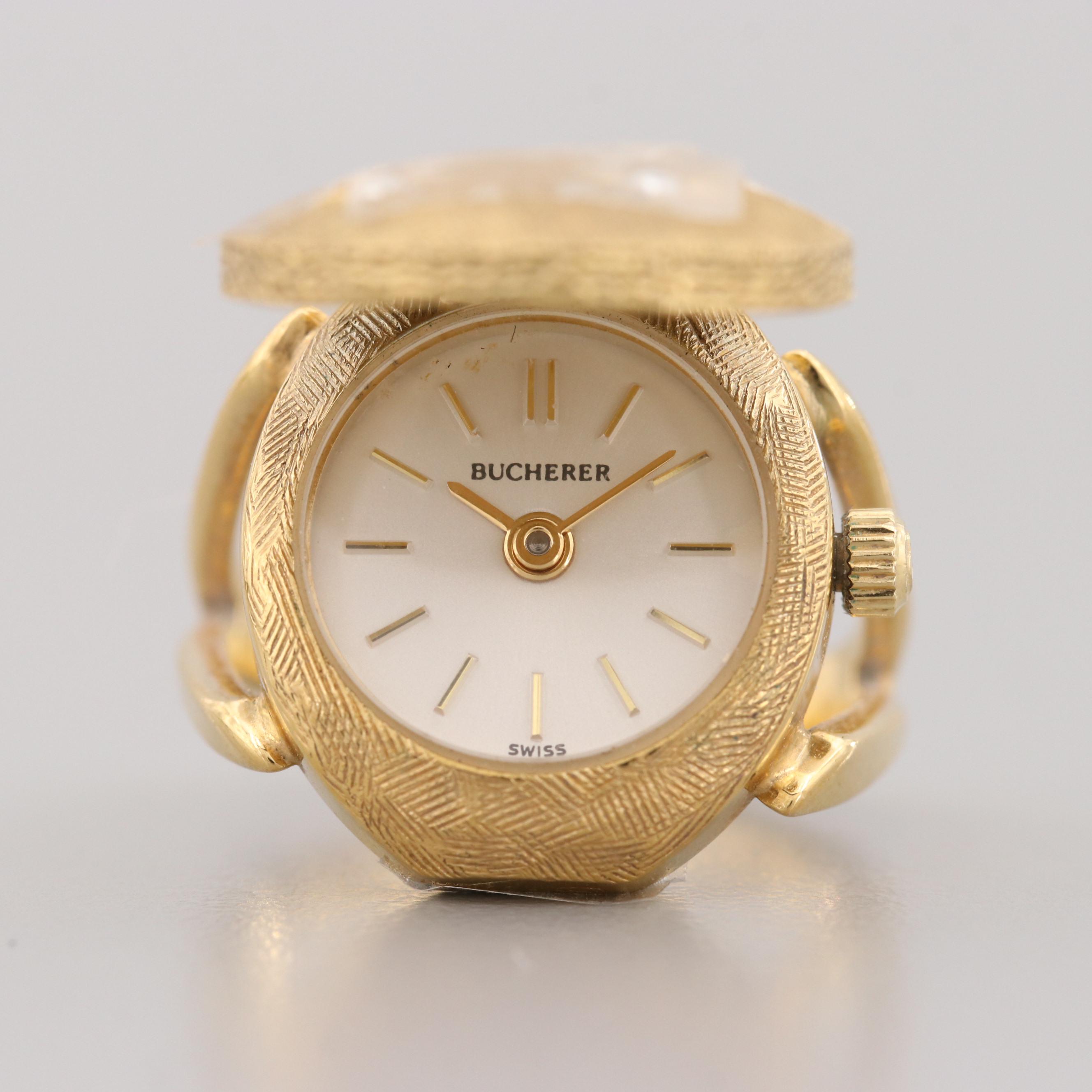 Vintage Bucherer Gold Tone Hidden Dial Ring Watch With Glass Crystals
