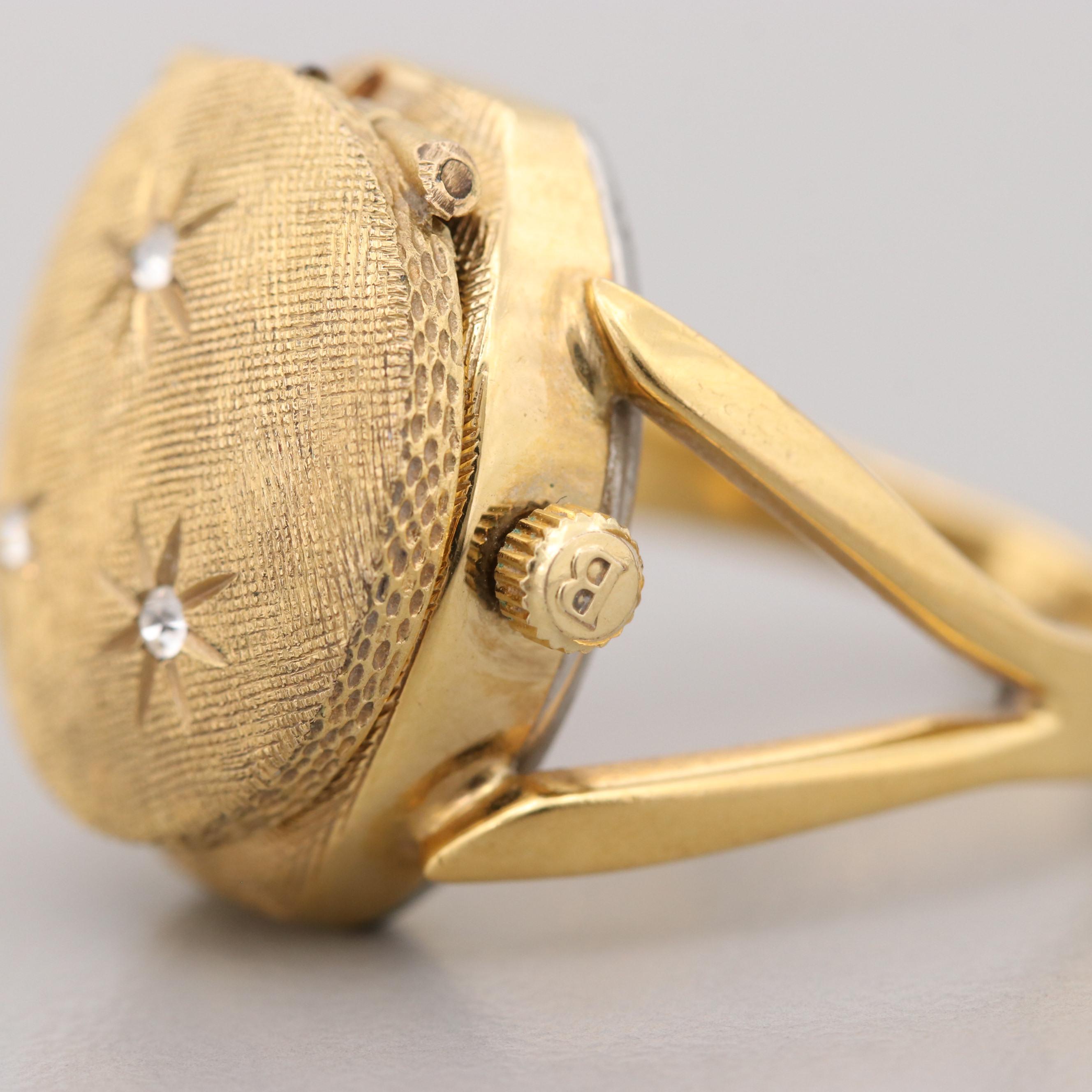 Vintage Bucherer Gold Tone Hidden Dial Ring Watch With Glass Crystals