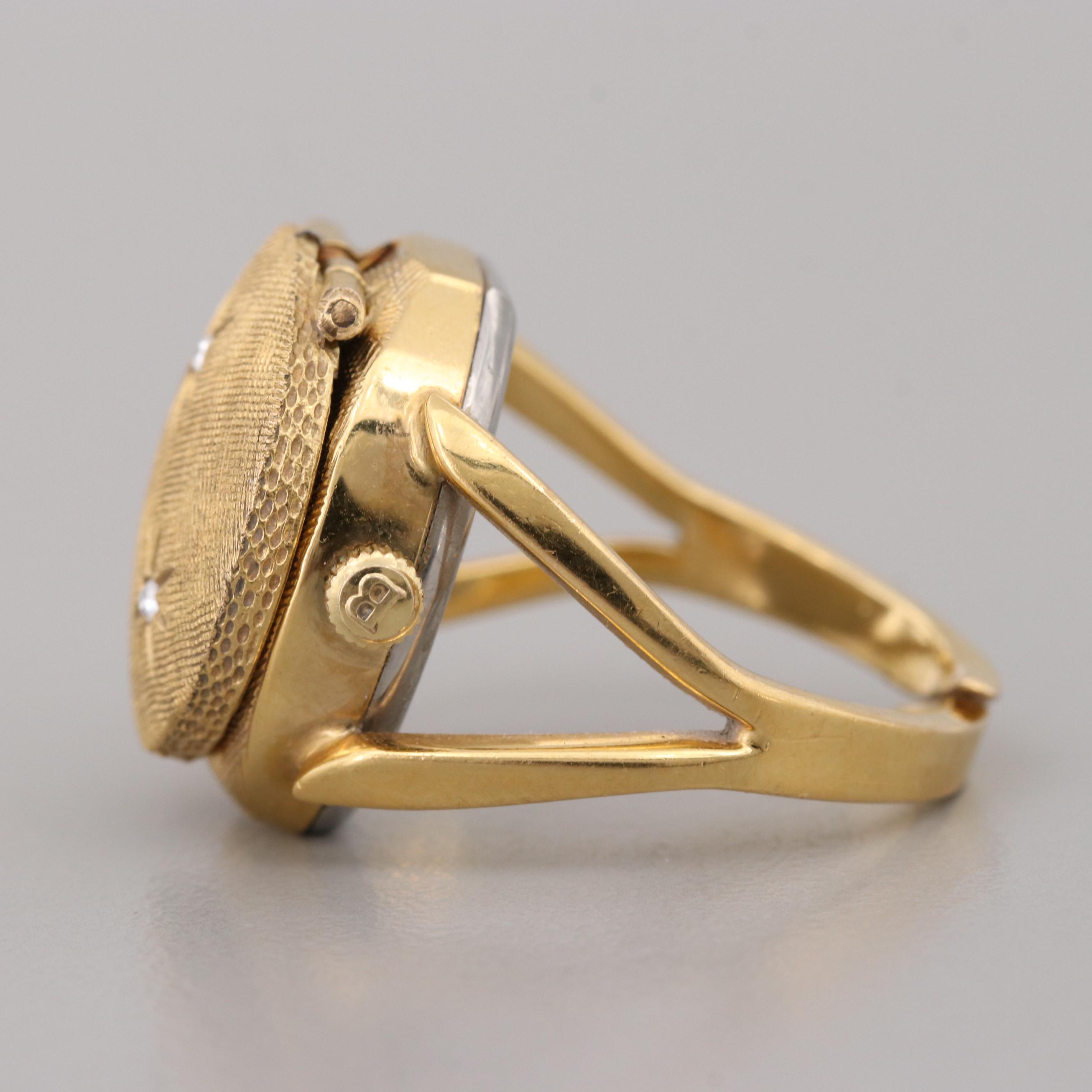 Vintage Bucherer Gold Tone Hidden Dial Ring Watch With Glass Crystals